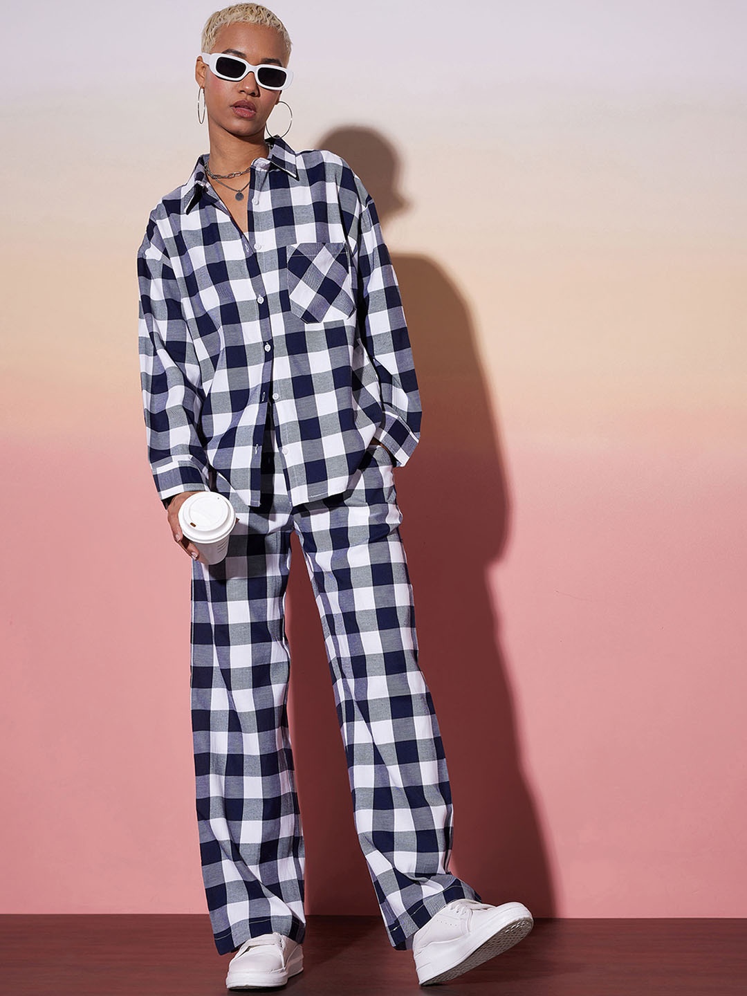 

SASSAFRAS alt-laze Checked Long Sleeves Pure Cotton Shirt With Trousers, White