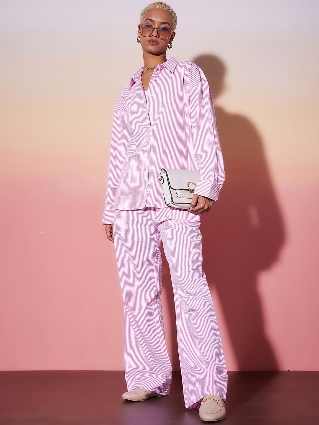 

SASSAFRAS alt-laze Striped Pure Cotton Collar Shirt With Trousers, Pink