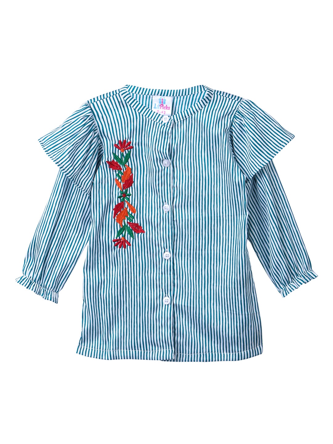

LilPicks Girls Teal & White Regular Fit Striped Casual Shirt