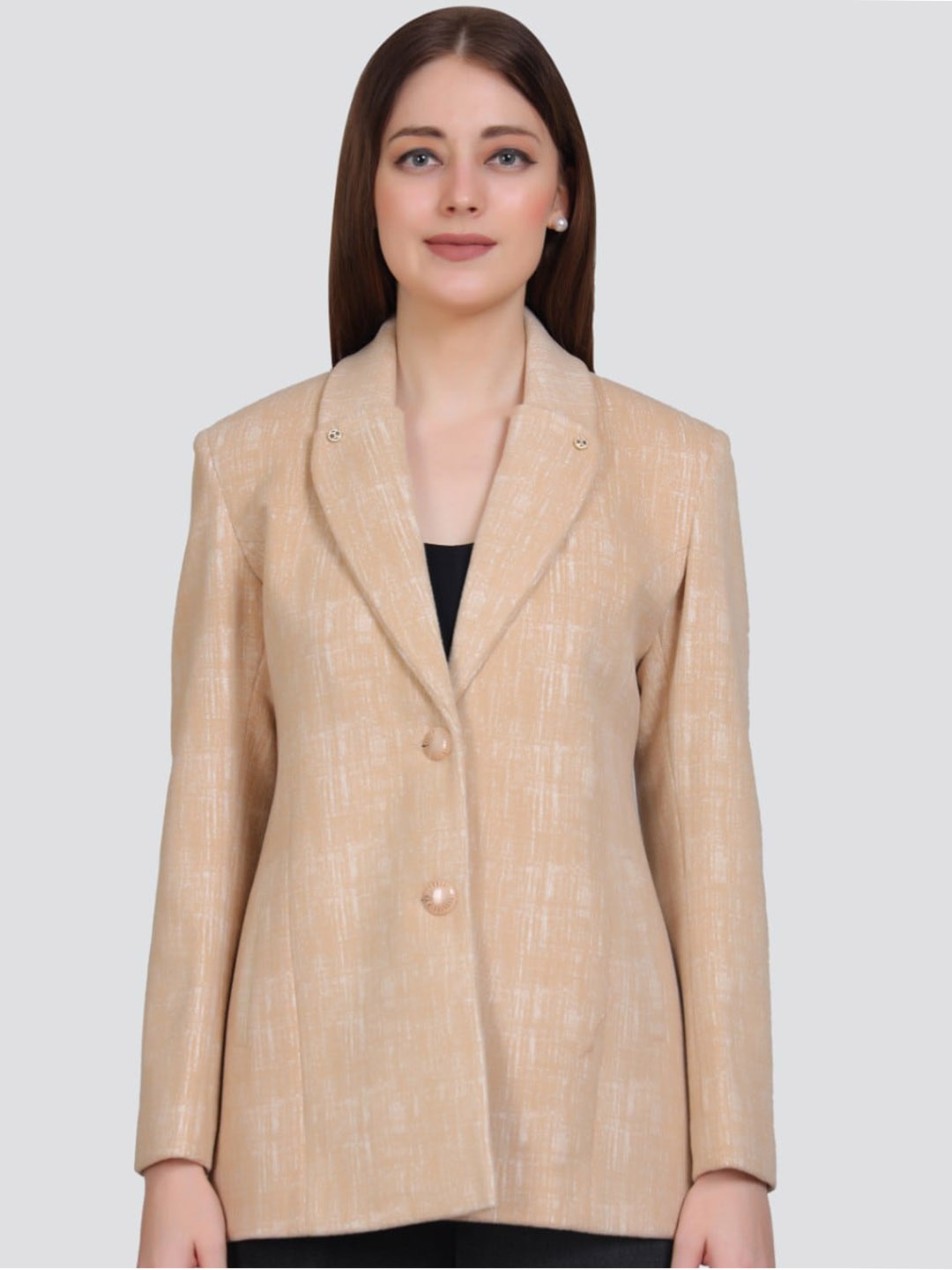 

YOUNG CLUB CLASSIC Shawl Collar Long Sleeves Single-Breasted Woollen Formal Blazers, Beige