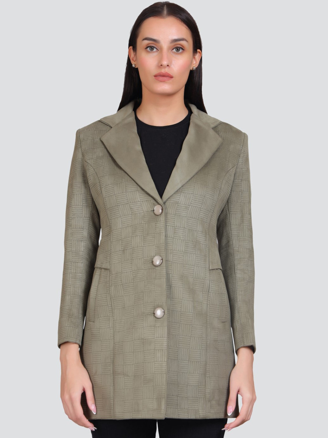 

YOUNG CLUB CLASSIC Geometric Printed Notched Lapel Collar Single Breasted Suede Overcoat, Green