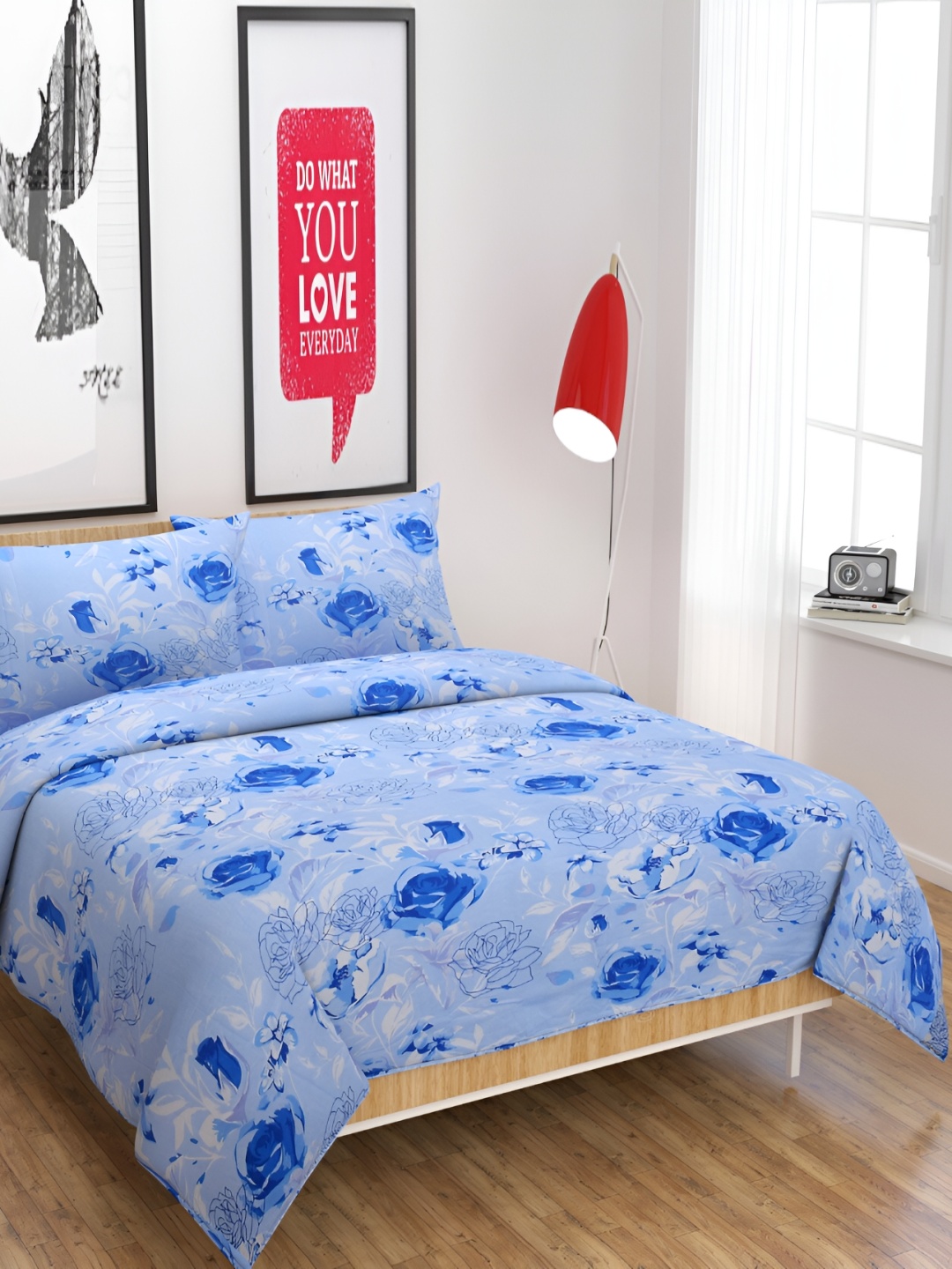 

Kritarth Handicrafts Blue Floral 100% Cotton 300 TC King Bedsheet with 2 Pillow Covers