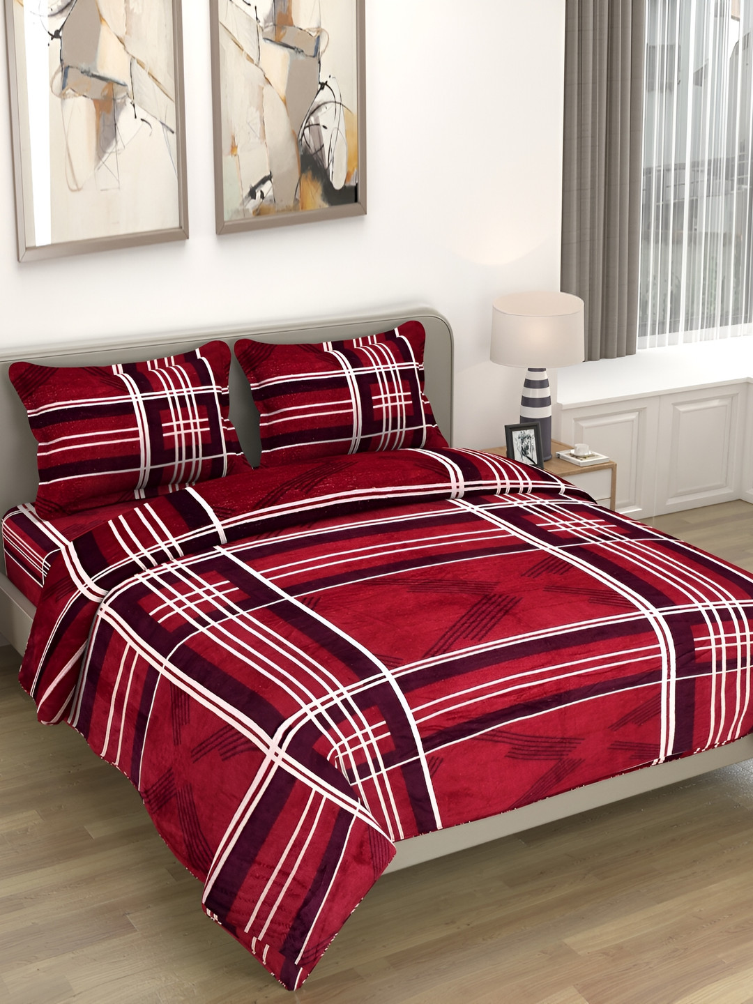 

Kritarth Handicrafts Red Striped MicroFiber 300 TC Queen Bedsheet with 2 Pillow Covers