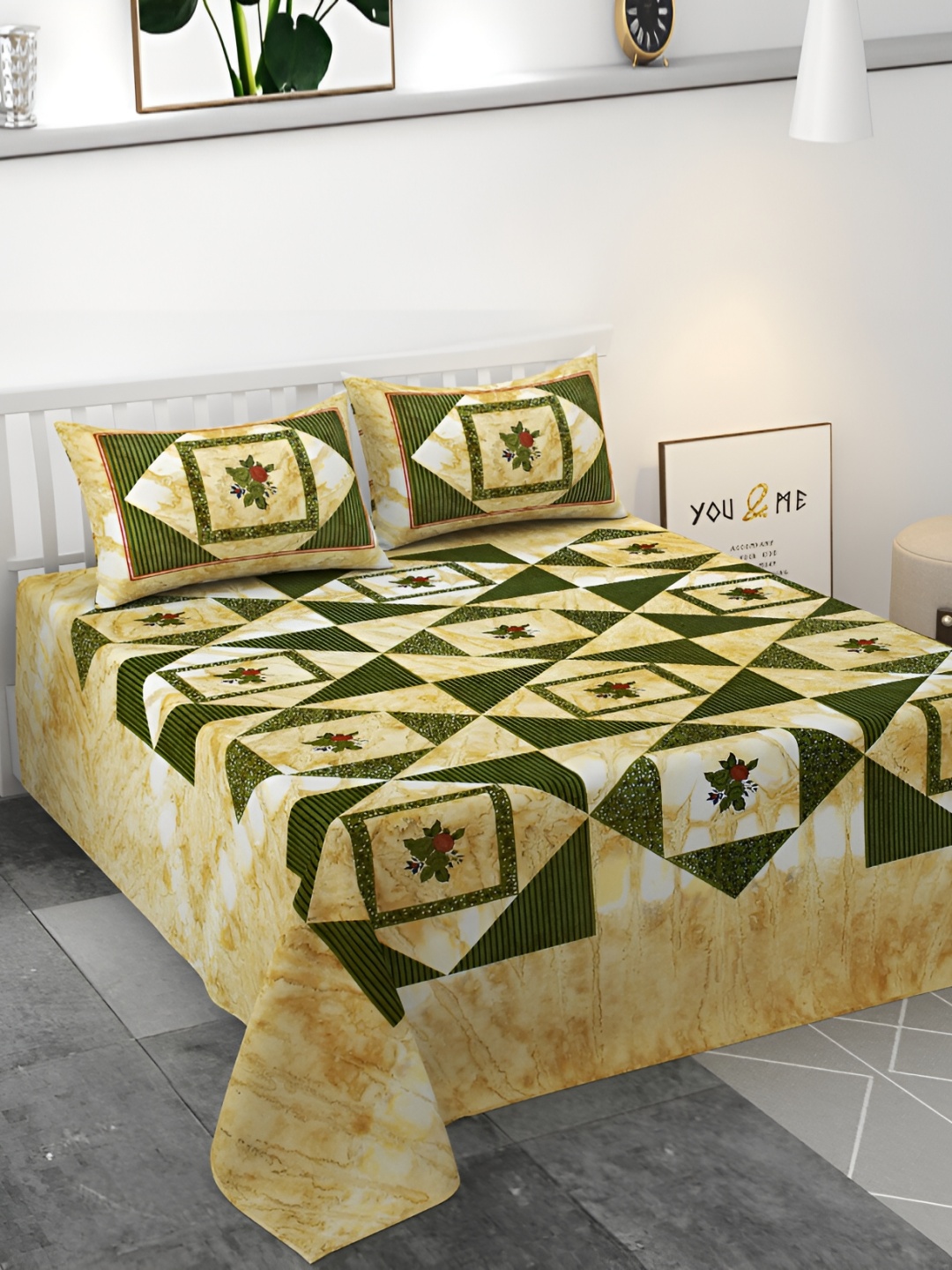 

Kritarth Handicrafts Green Geometric Cotton 300 TC King Bedsheet with 2 Pillow Covers