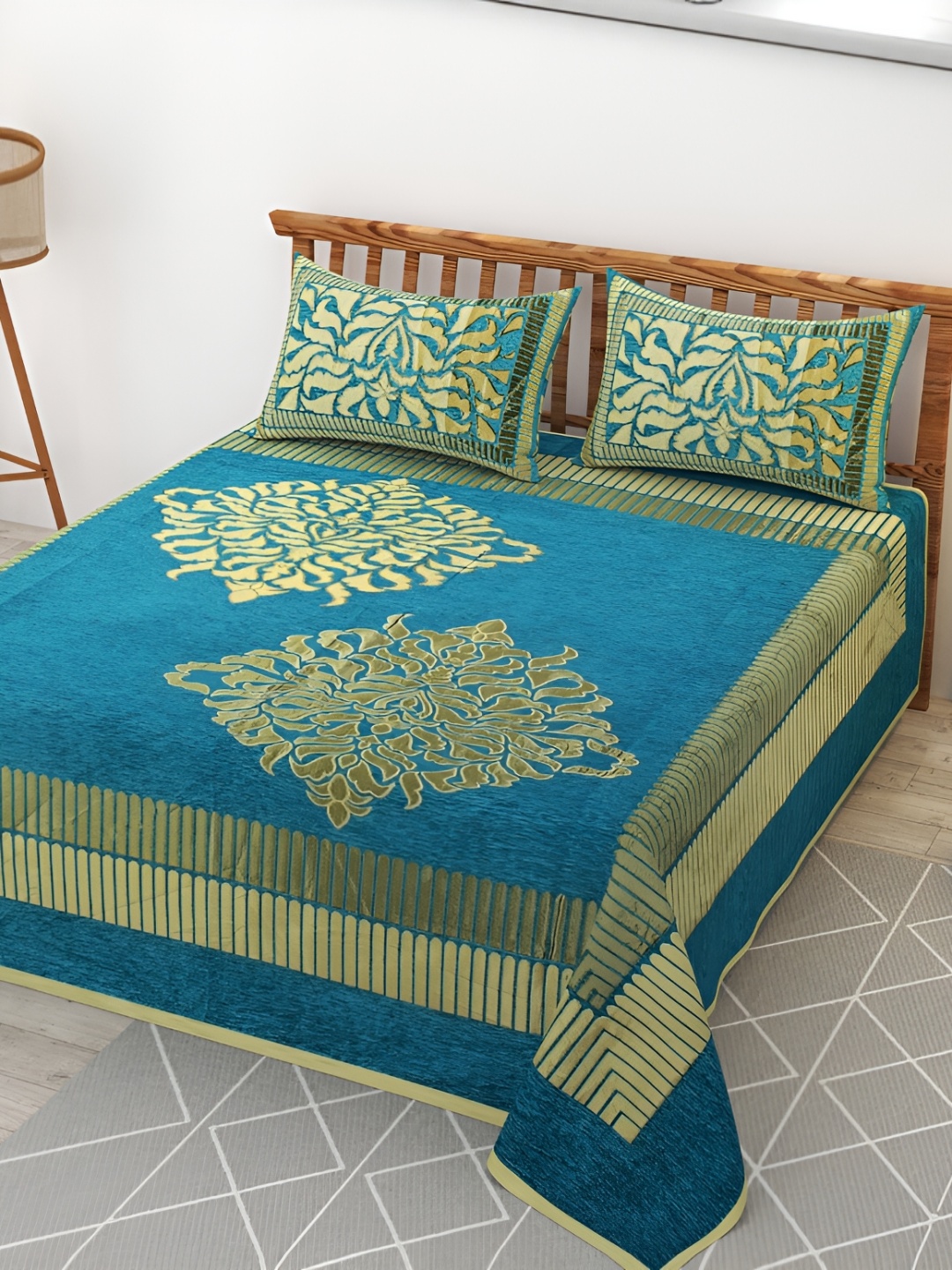 

Kritarth Handicrafts Blue Floral Cotton 300 TC Queen Bedsheet with 2 Pillow Covers
