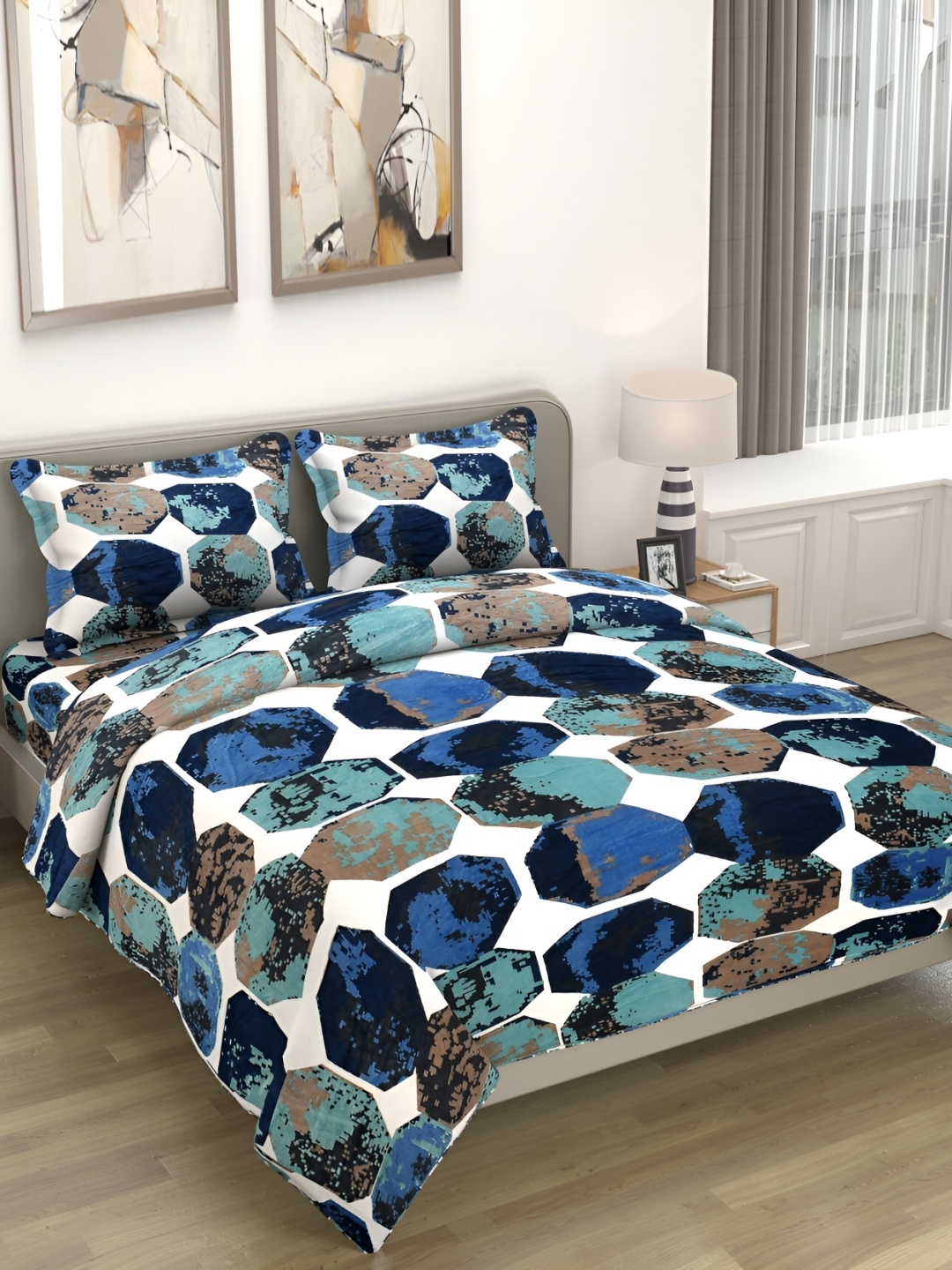 

Kritarth Handicrafts Blue Abstract Microfiber 300 TC Queen Bedsheet with 2 Pillow Covers