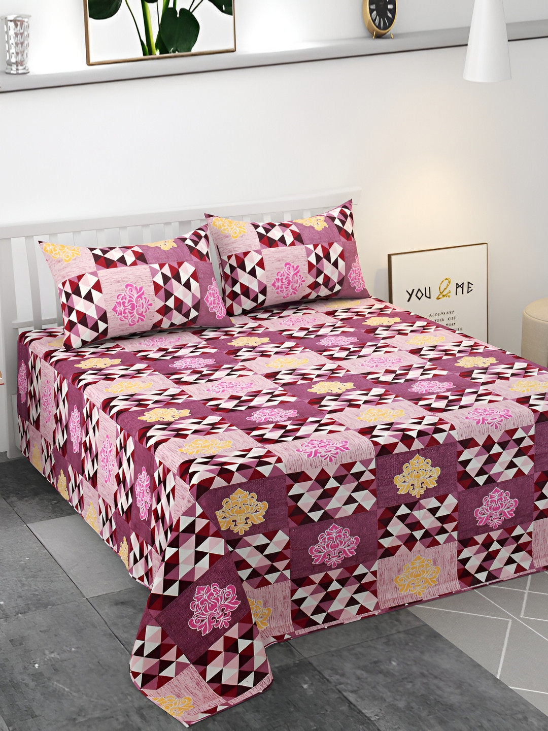 

Kritarth Handicrafts Pink Conversational Cotton 300 TC King Bedsheet with 2 Pillow Covers