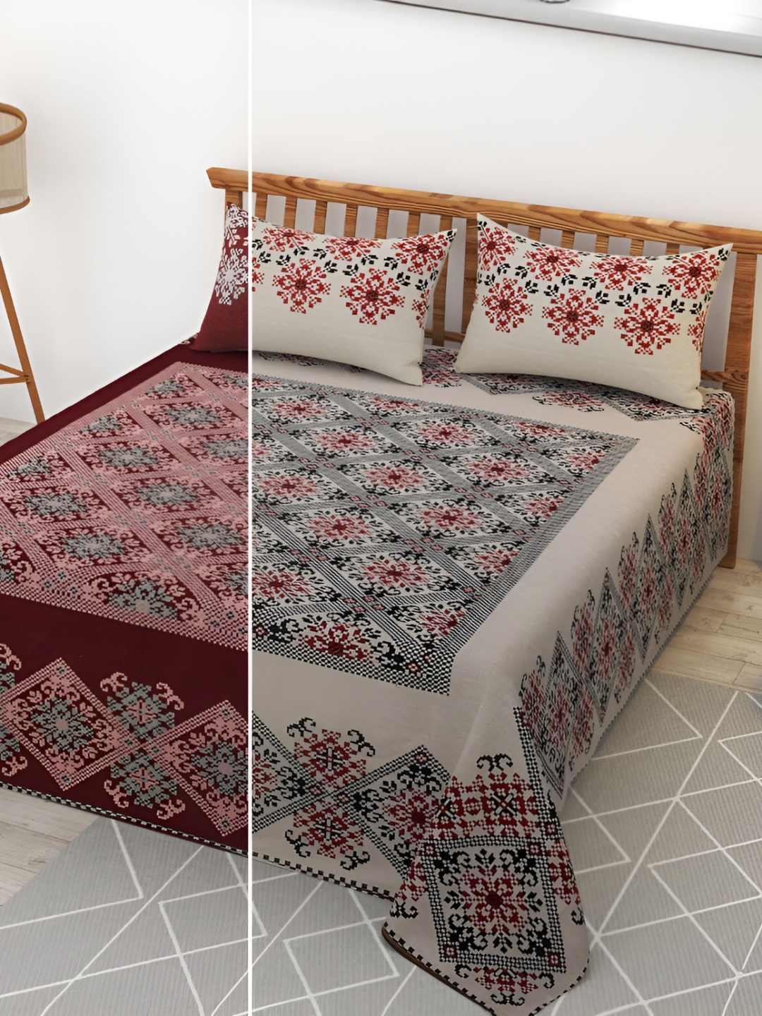 

Kritarth Handicrafts Red Floral Reversible 300 TC Queen Bedsheet with 2 Pillow Covers