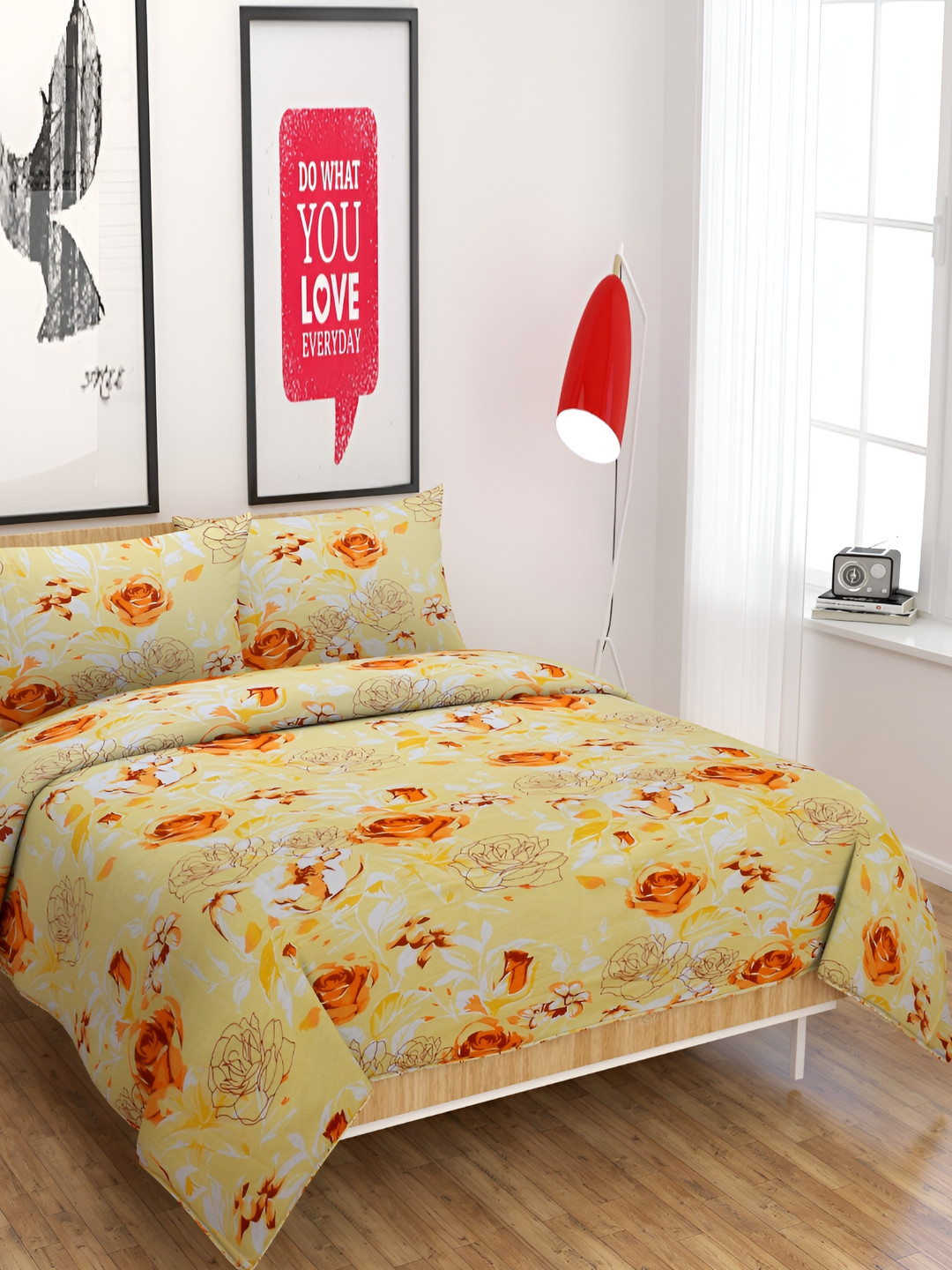 

Kritarth Handicrafts Yellow Orange Floral Cotton 300 TC King Bedsheet With 2 Pillow Covers