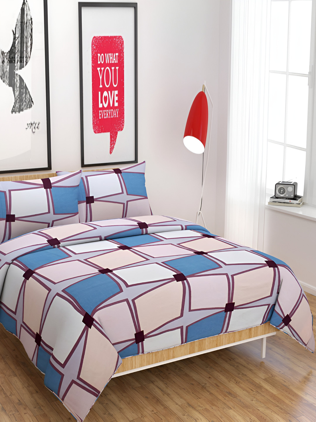 

Kritarth Handicrafts Pink Blue Geometric Cotton 300 TC King Bedsheet With 2 Pillow Covers