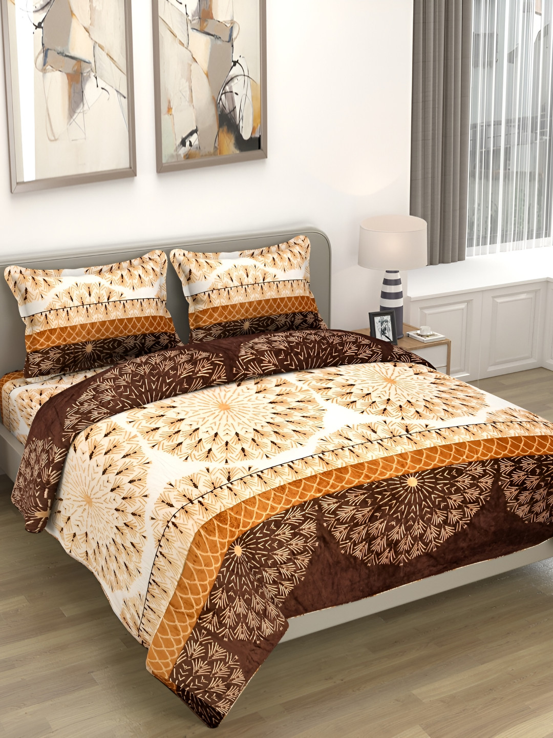 

Kritarth Handicrafts Brown Abstract Fleece 300 TC Queen Bedsheet with 2 Pillow Covers