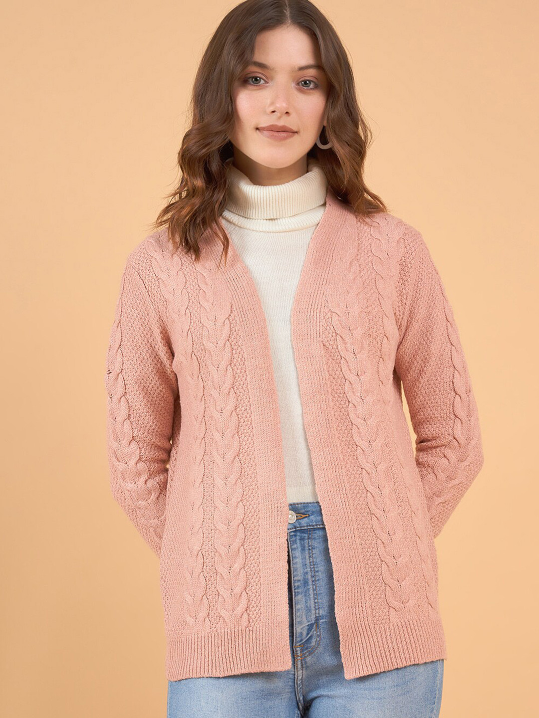 

STYLE BLUSH Self Design Wool Open Front Shrug, Peach