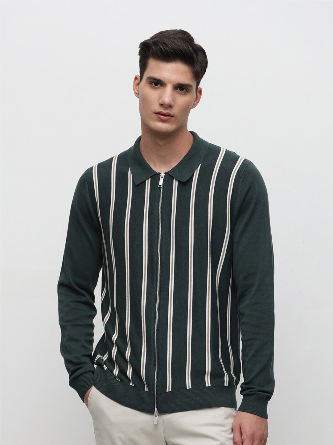 

SELECTED Striped Zip Detail Organic Cotton Pullover, Green