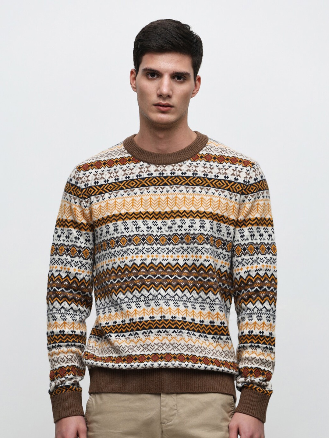 

SELECTED Ethnic Motifs Self Design Woollen Pullover, Brown