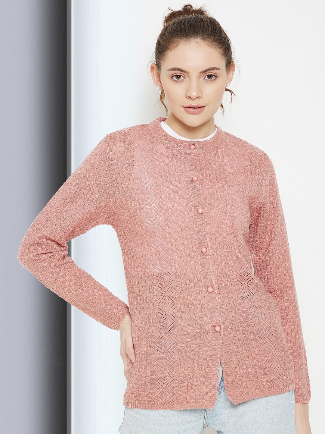

CLAPTON Open Knit Long Sleeves Wool Cardigan Sweater, Pink