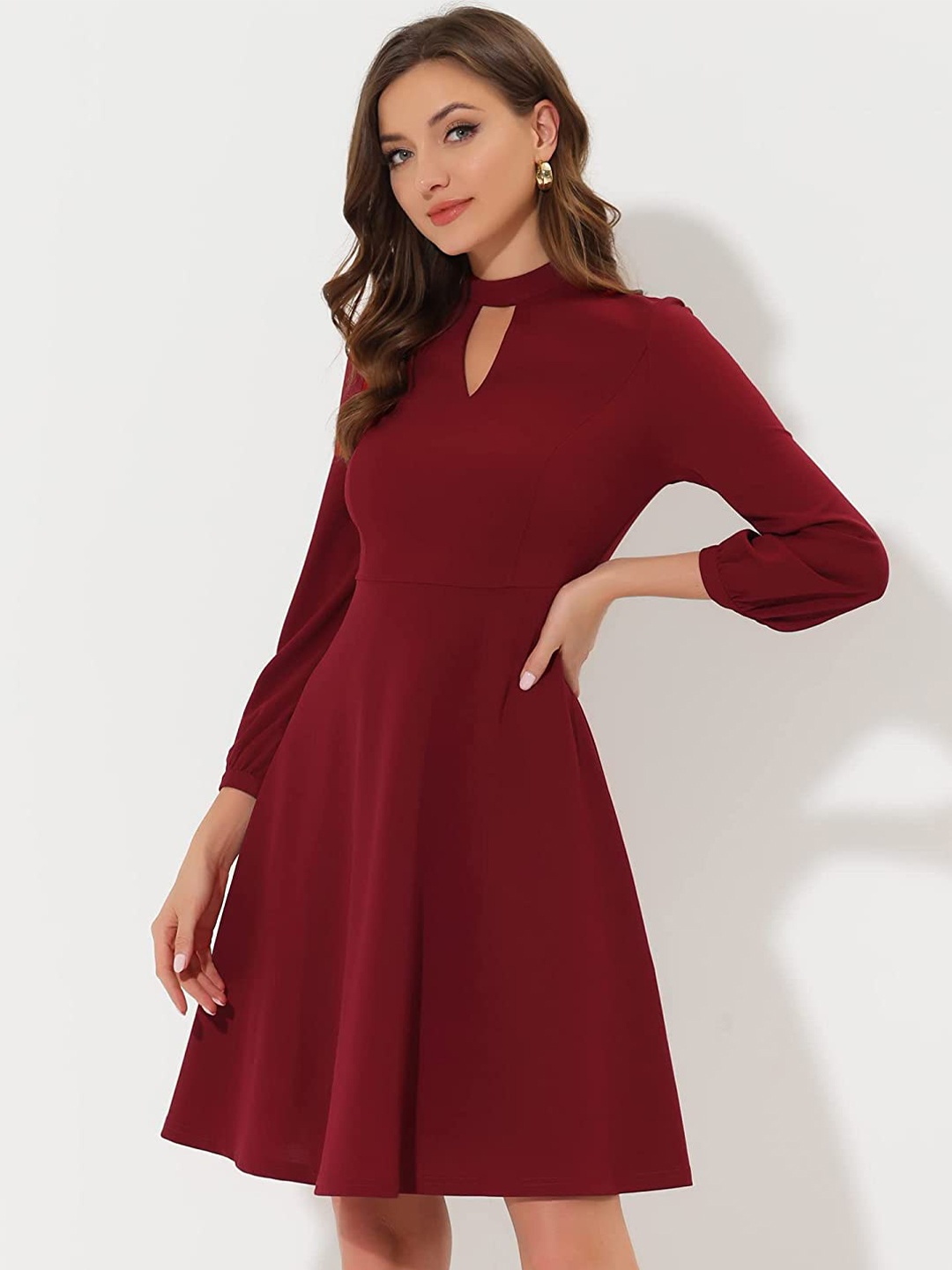 

Samsara Couture Keyhole Neck Puff Sleeves Fit & Flare Dress, Burgundy