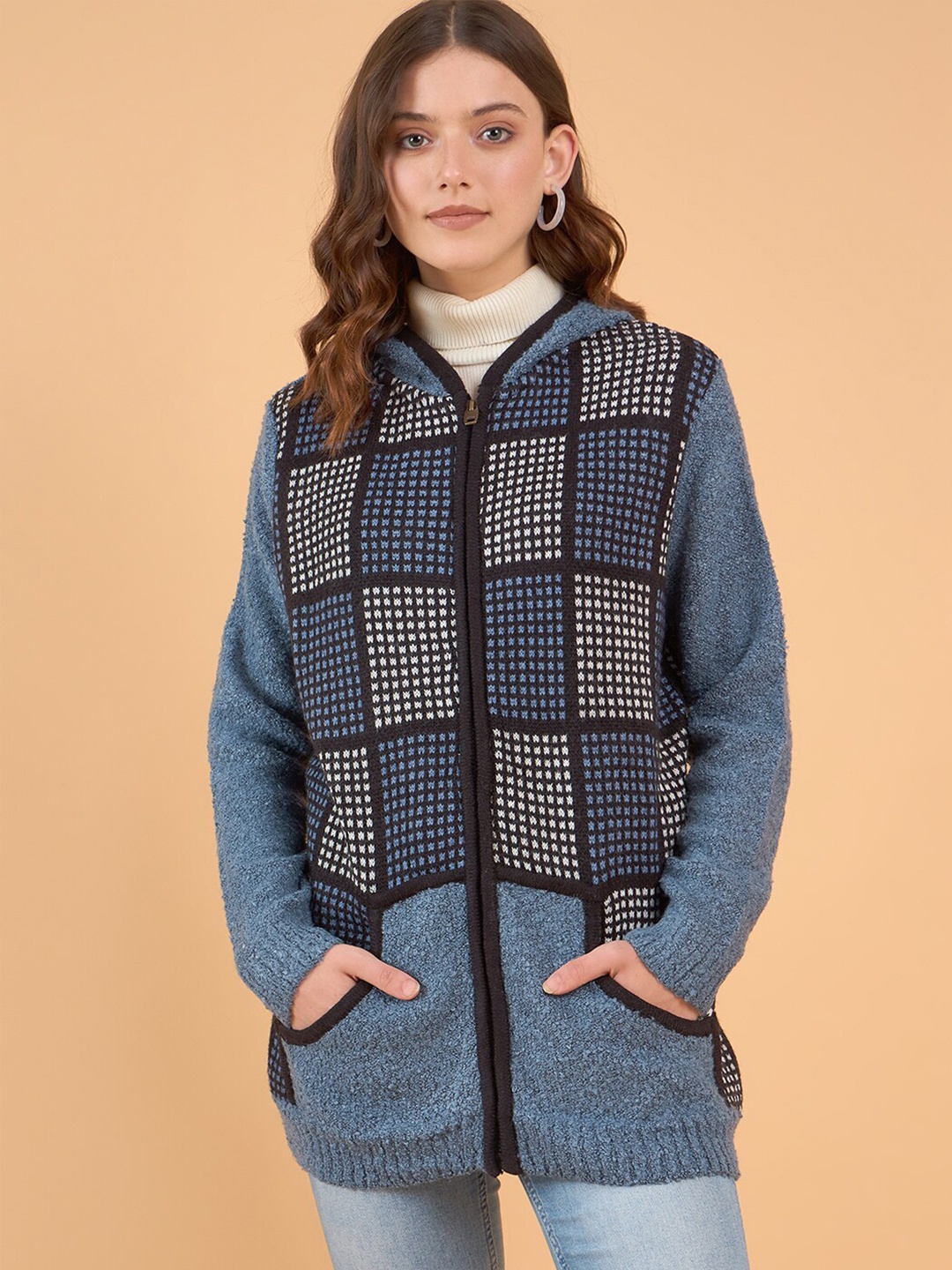 

STYLE BLUSH Checked Hooded Woollen Open Front Sweater, Blue