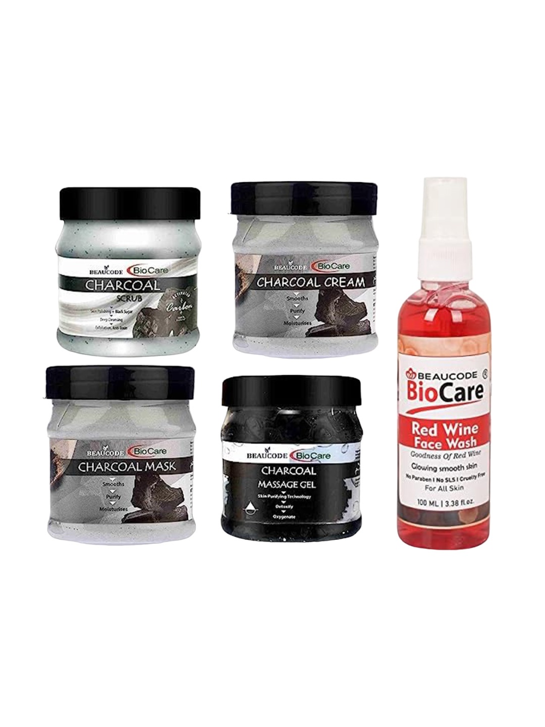 

BEAUCODE BIOCARE Set Of 5 Charcoal Cream-Mask-Gel-Scrub-Red Wine Face Wash