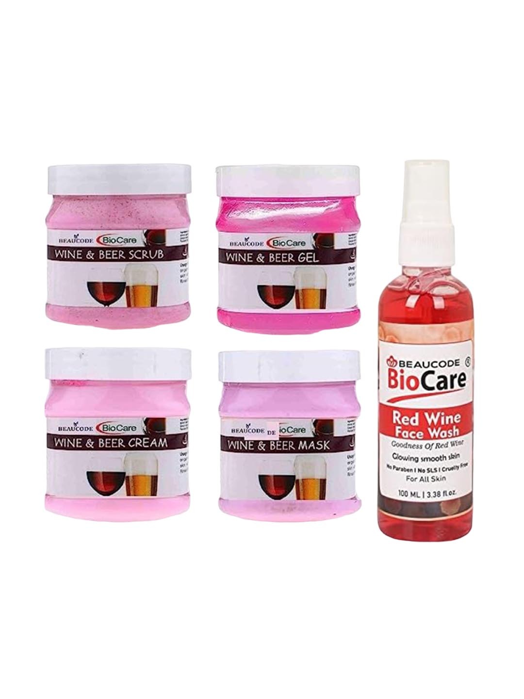

BEAUCODE BIOCARE Set Of 5 Wine & Beer Cream-Mask-Gel-Scrub-Red Wine Face Wash, Pink