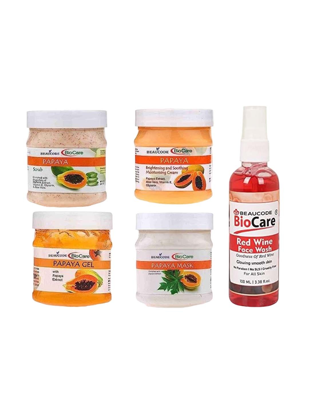 

BEAUCODE BIOCARE Set Of 5 Papaya Cream-Mask-Gel-Scrub-Red Wine Face Wash, Orange