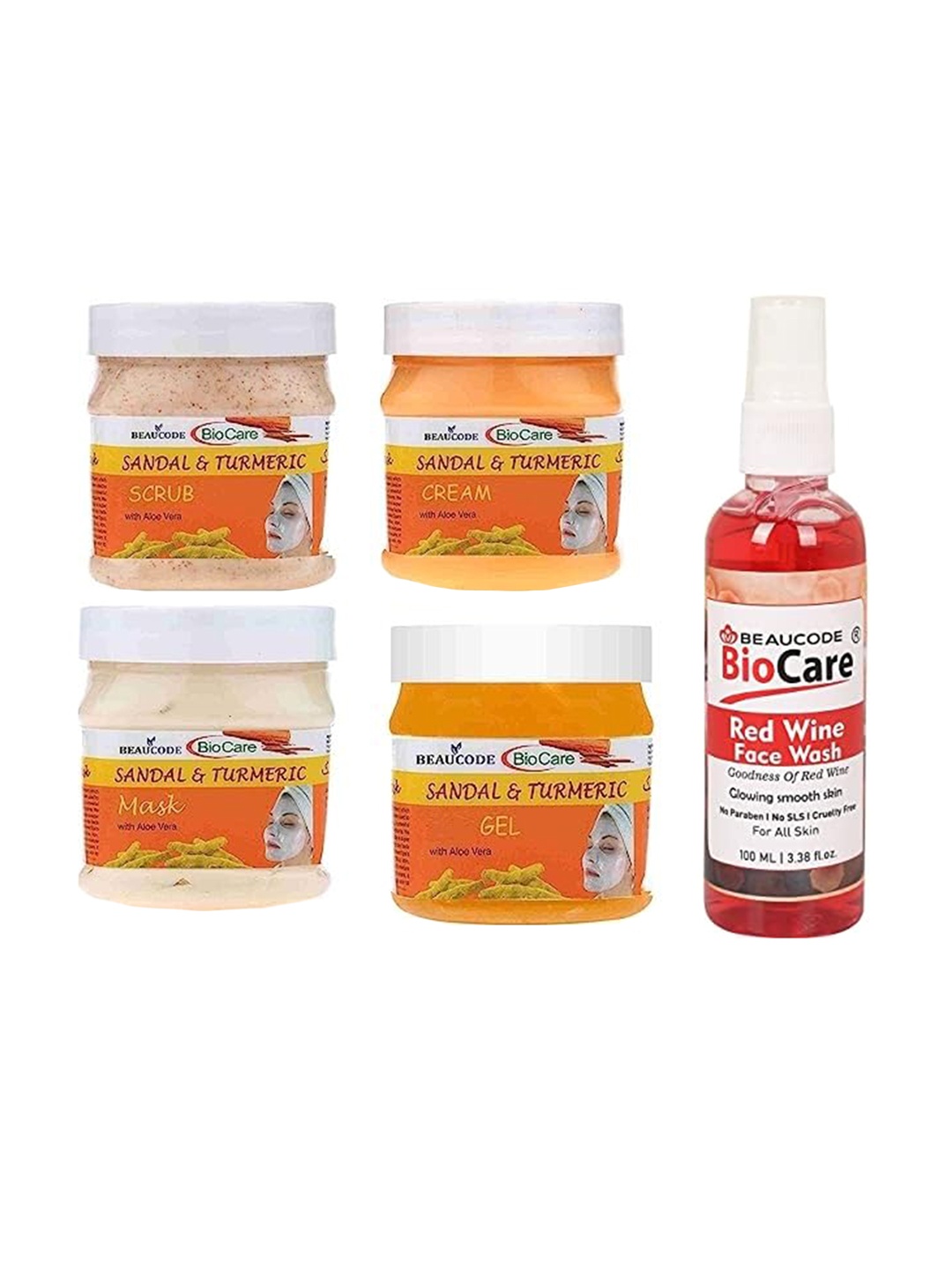 

BEAUCODE BIOCARE Set Of 5 Sandal & Turmeric Cream-Mask-Gel-Scrub-Red Wine Face Wash, Orange