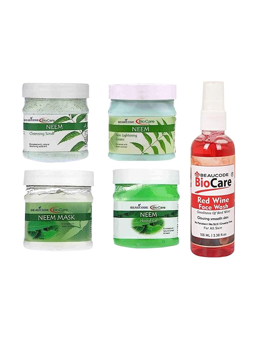 

BEAUCODE BIOCARE Set Of 5 Neem Cream-Mask-Gel-Scrub-Red Wine Face Wash, Green