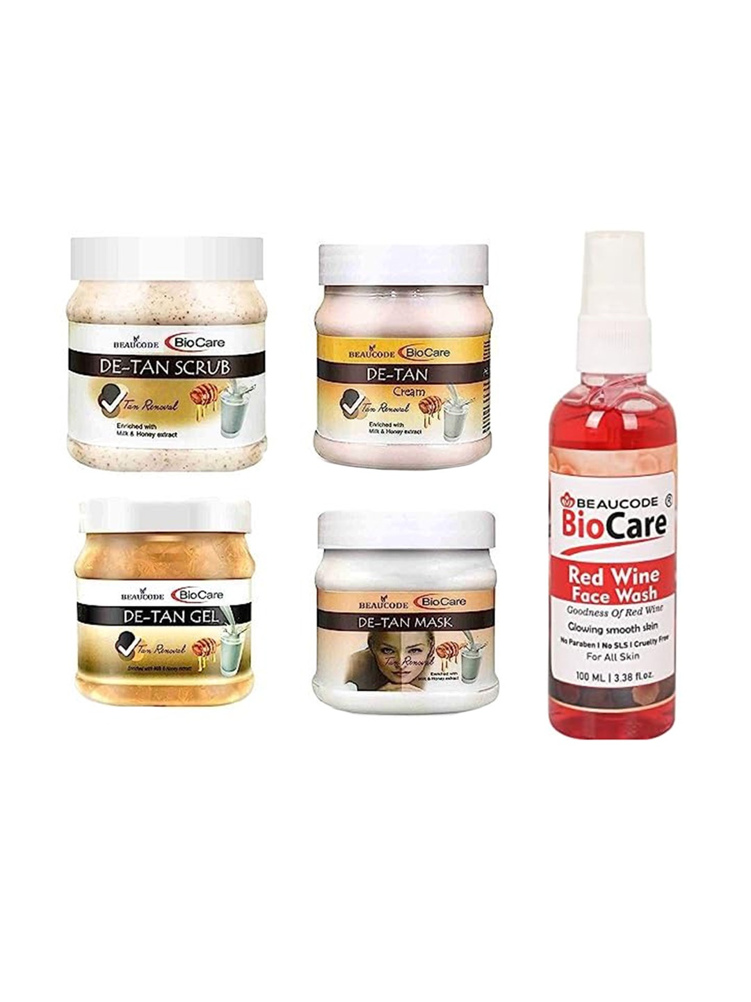 

BEAUCODE BIOCARE Set Of 5 De-Tan Cream-Mask-Gel-Scrub-Red Wine Face Wash