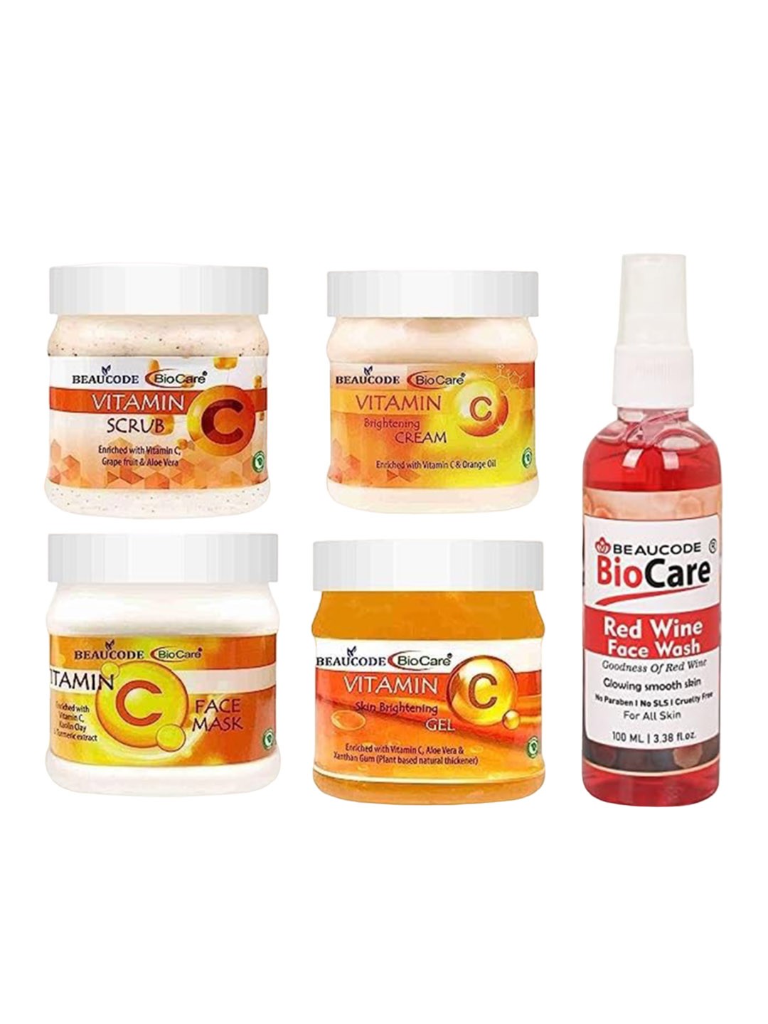 

BEAUCODE BIOCARE Set Of 5 Vitamin C Cream-Mask-Gel-Scrub-Red Wine Face Wash