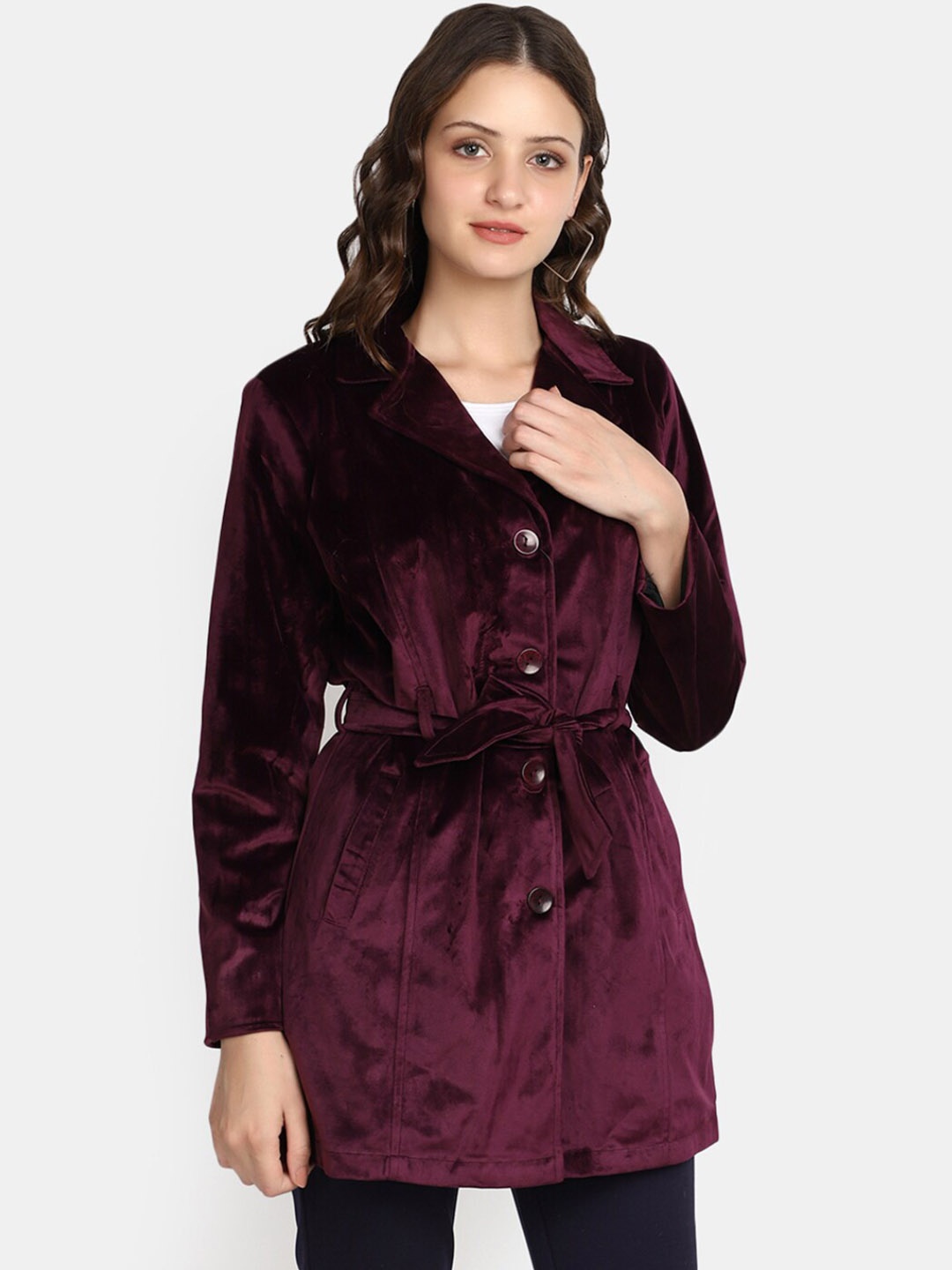 

V-Mart Notched Lapel Collar Acrylic Trench Coat, Purple