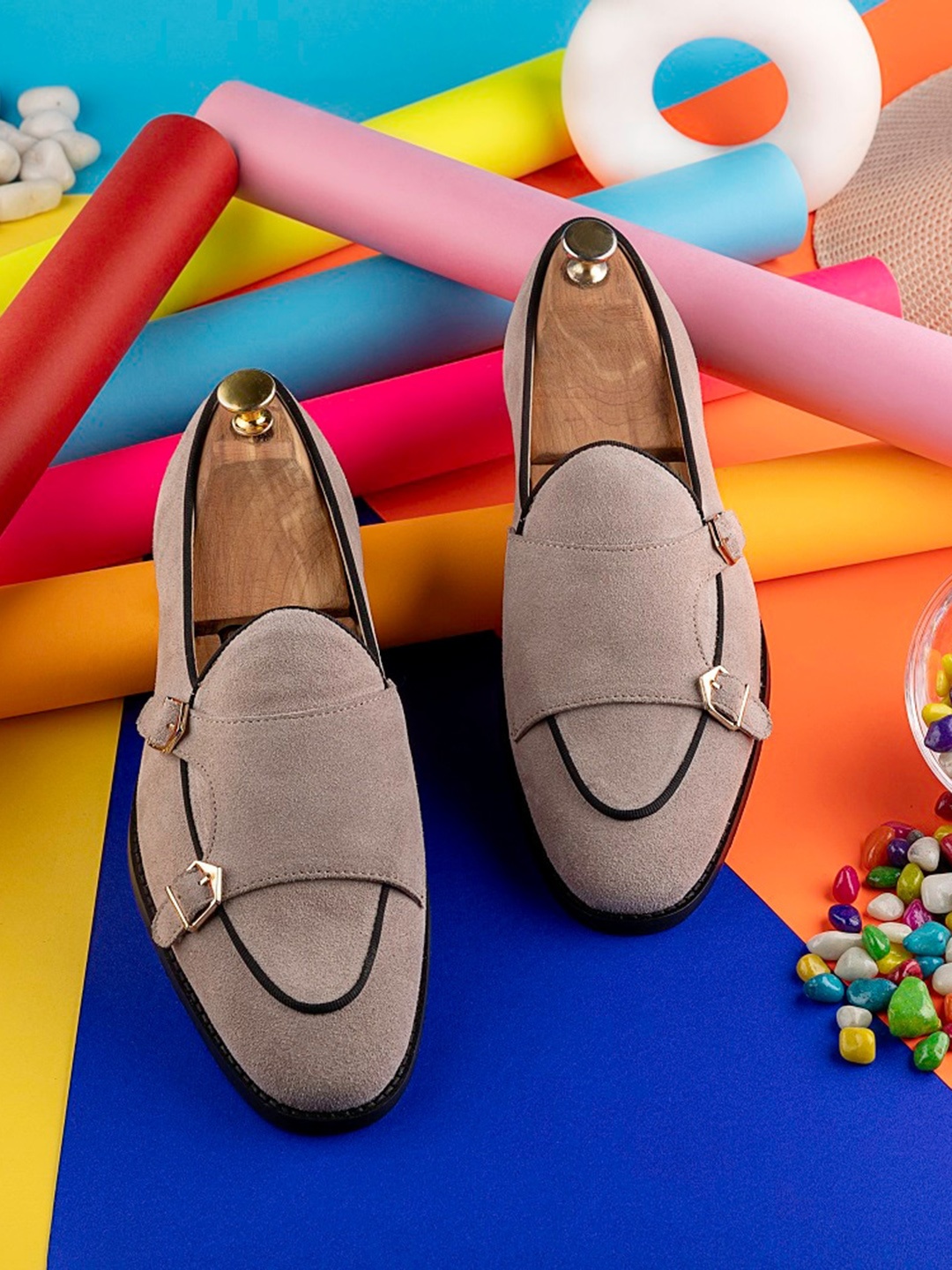 

GRIFFIN Men Buckle Detail Suede Slip-On Loafers, Nude