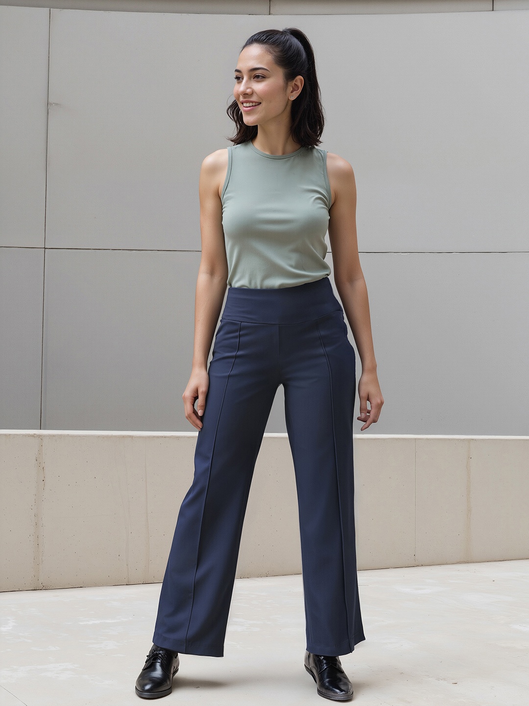 

Blissclub Women Navy Blue Relaxed Loose Fit High-Rise Wrinkle Free Trousers