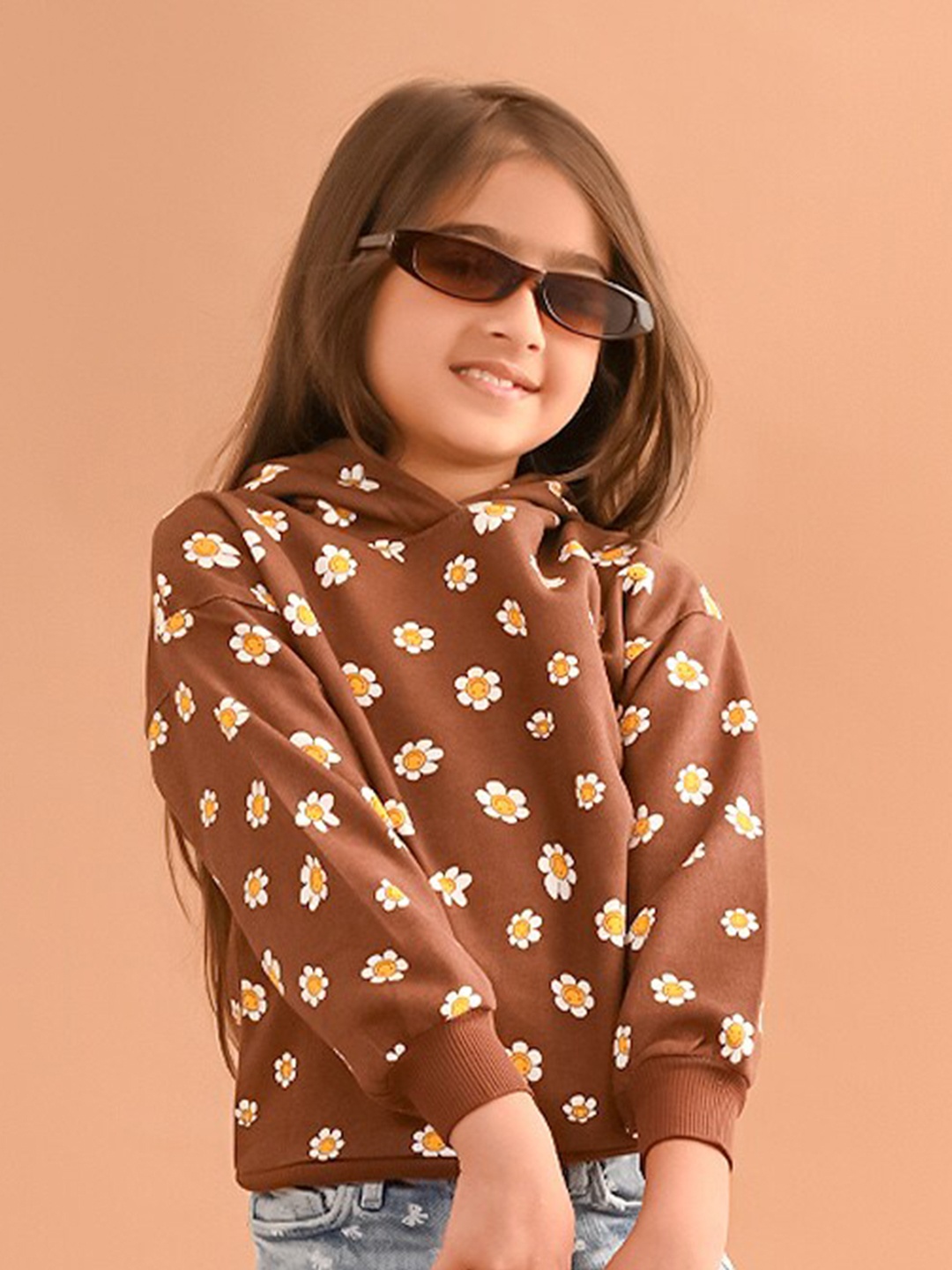 

LilPicks Girls Floral Printed Hooded Fleece Sweatshirt, Brown
