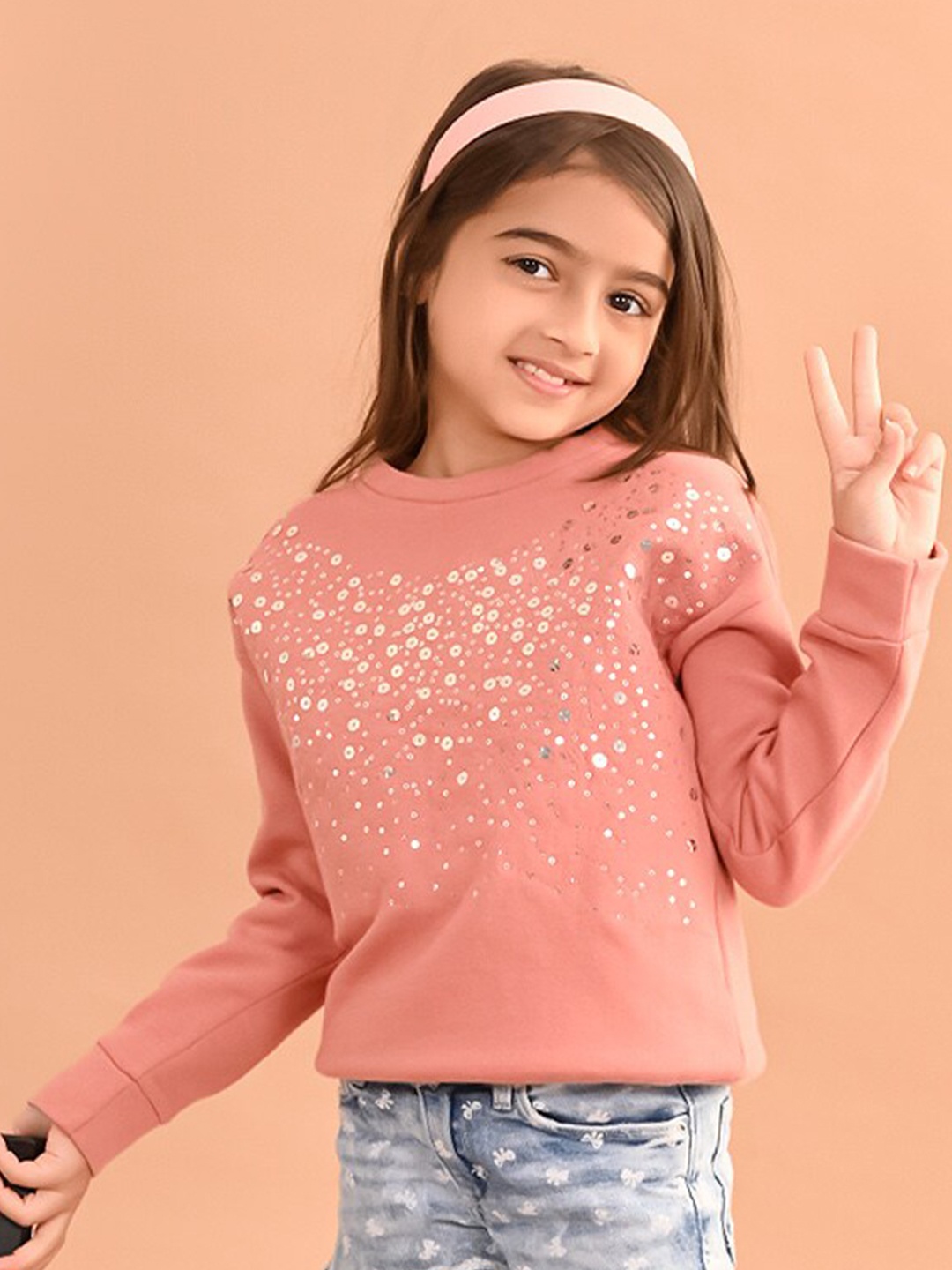 

LilPicks Girls Embellished Fleece Sweatshirt, Peach