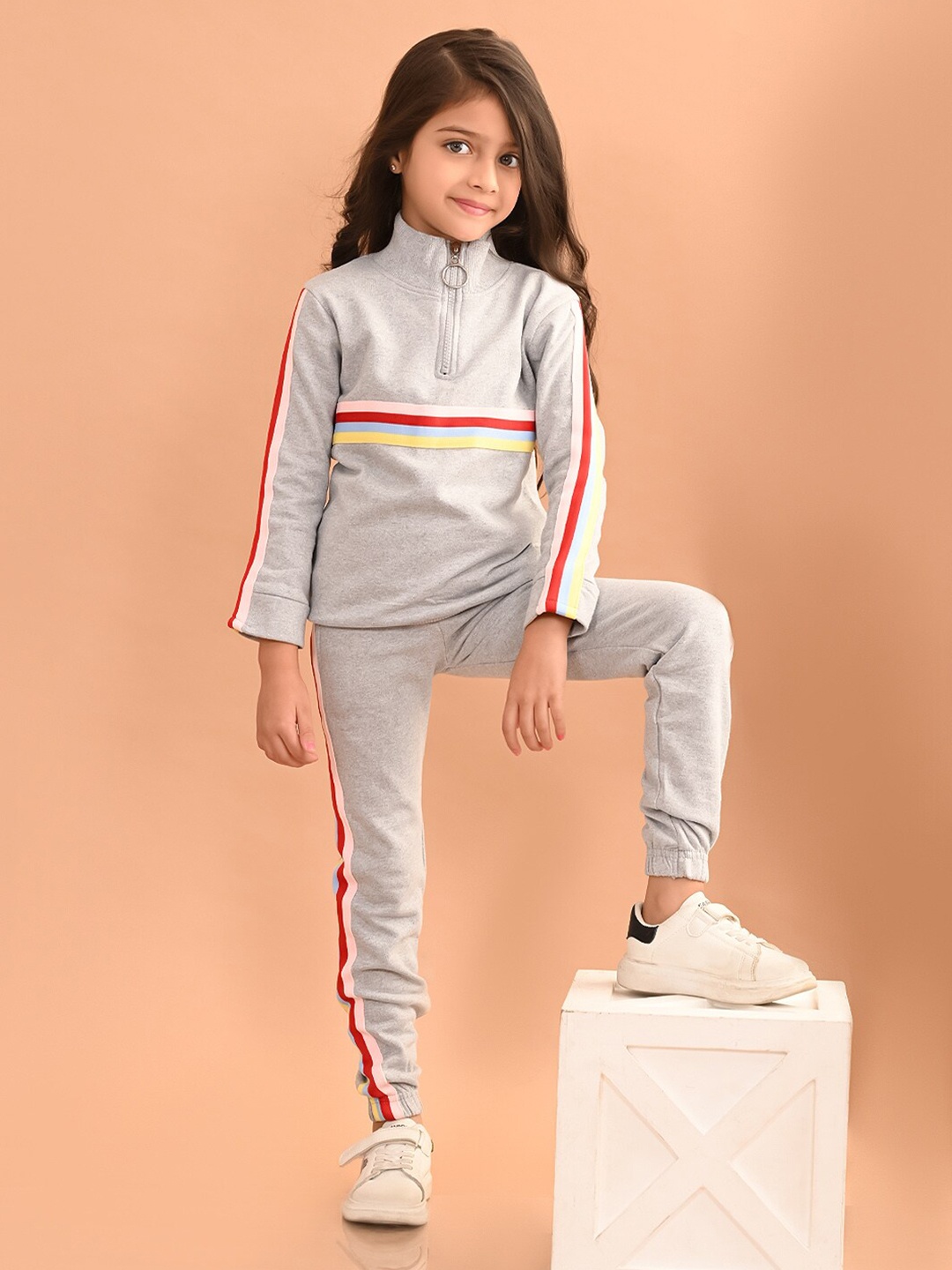 

LilPicks Girls Striped High Neck Sweatshirt with Joggers, Grey melange