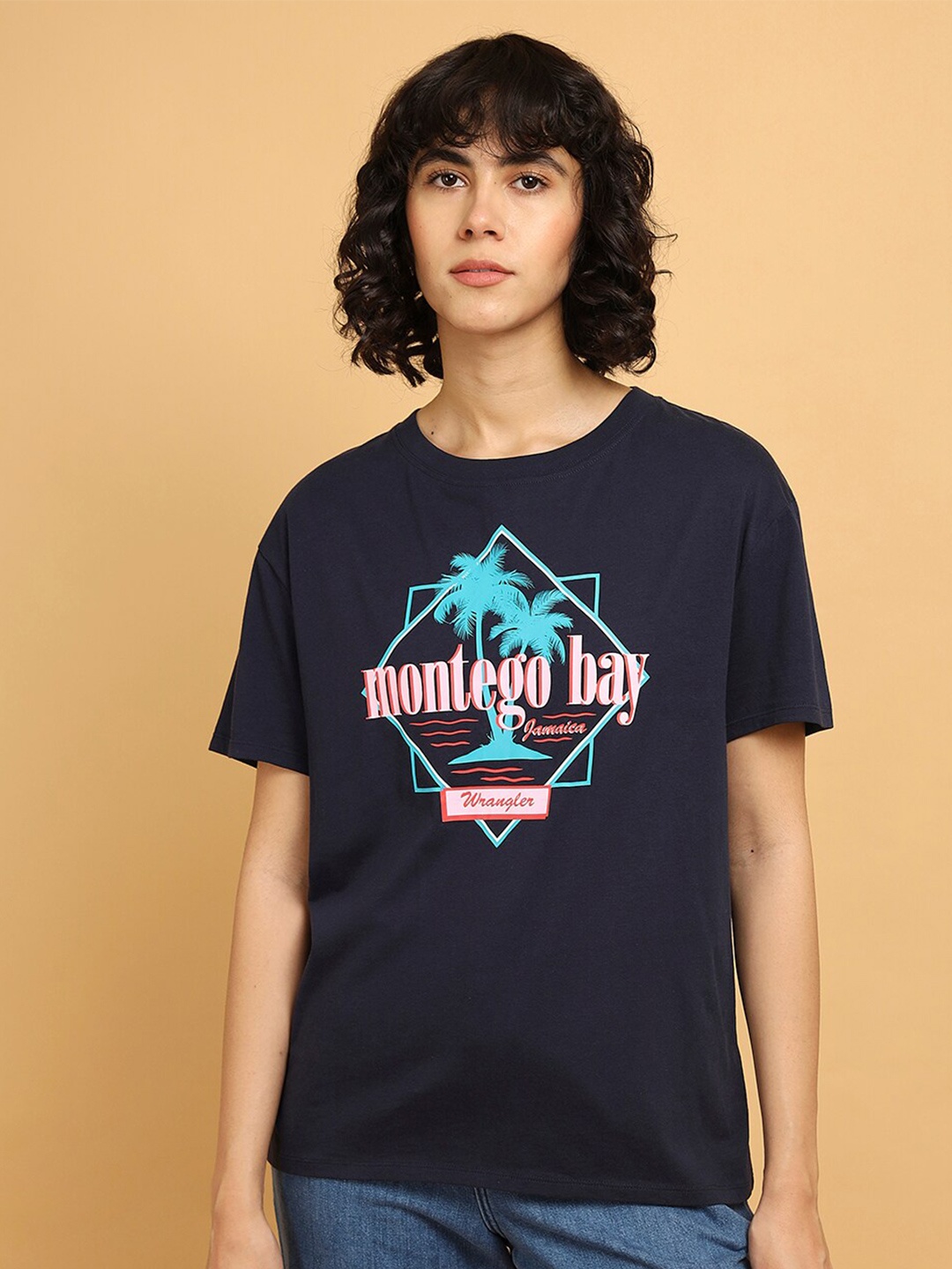 

Wrangler Typography Printed Oversized Cotton T-shirt, Navy blue