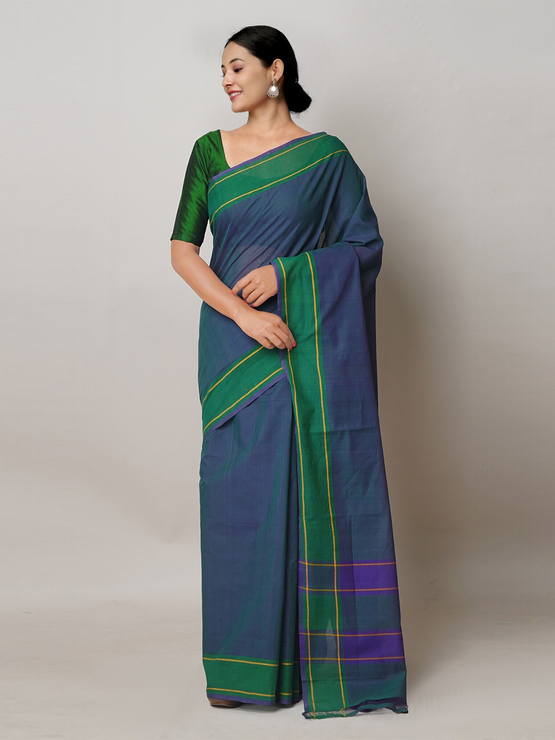 

Unnati Silks Pure Cotton Handloom Mangalagiri Saree, Navy blue