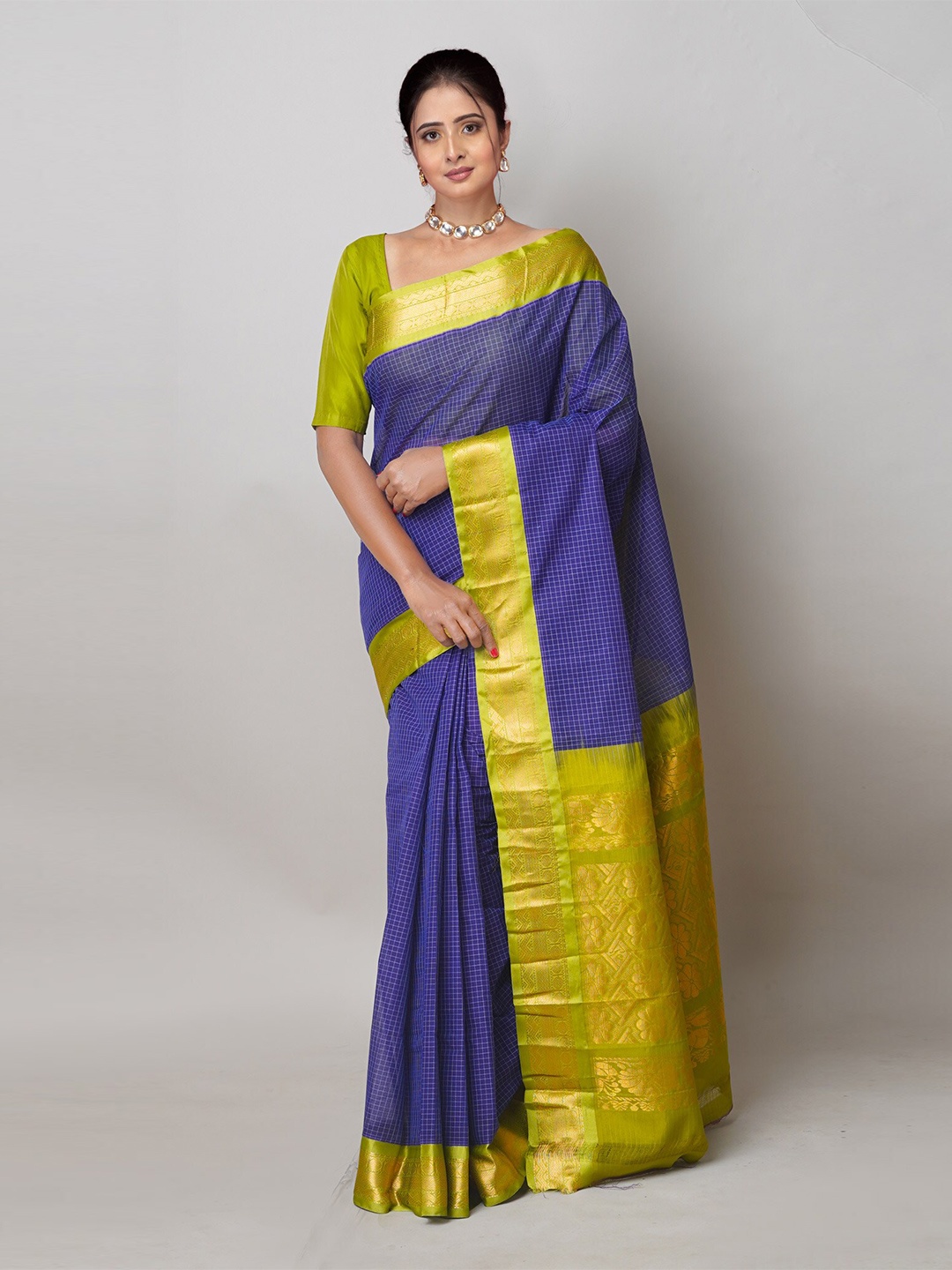 

Unnati Silks Checked Woven Design Pure Cotton Handloom Gadwal Saree, Navy blue