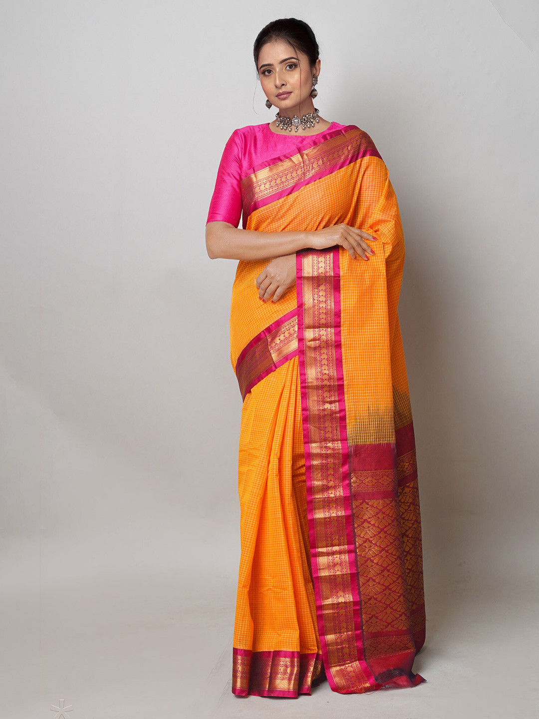 

Unnati Silks Checked Woven Design Pure Cotton Handloom Gadwal Saree, Orange
