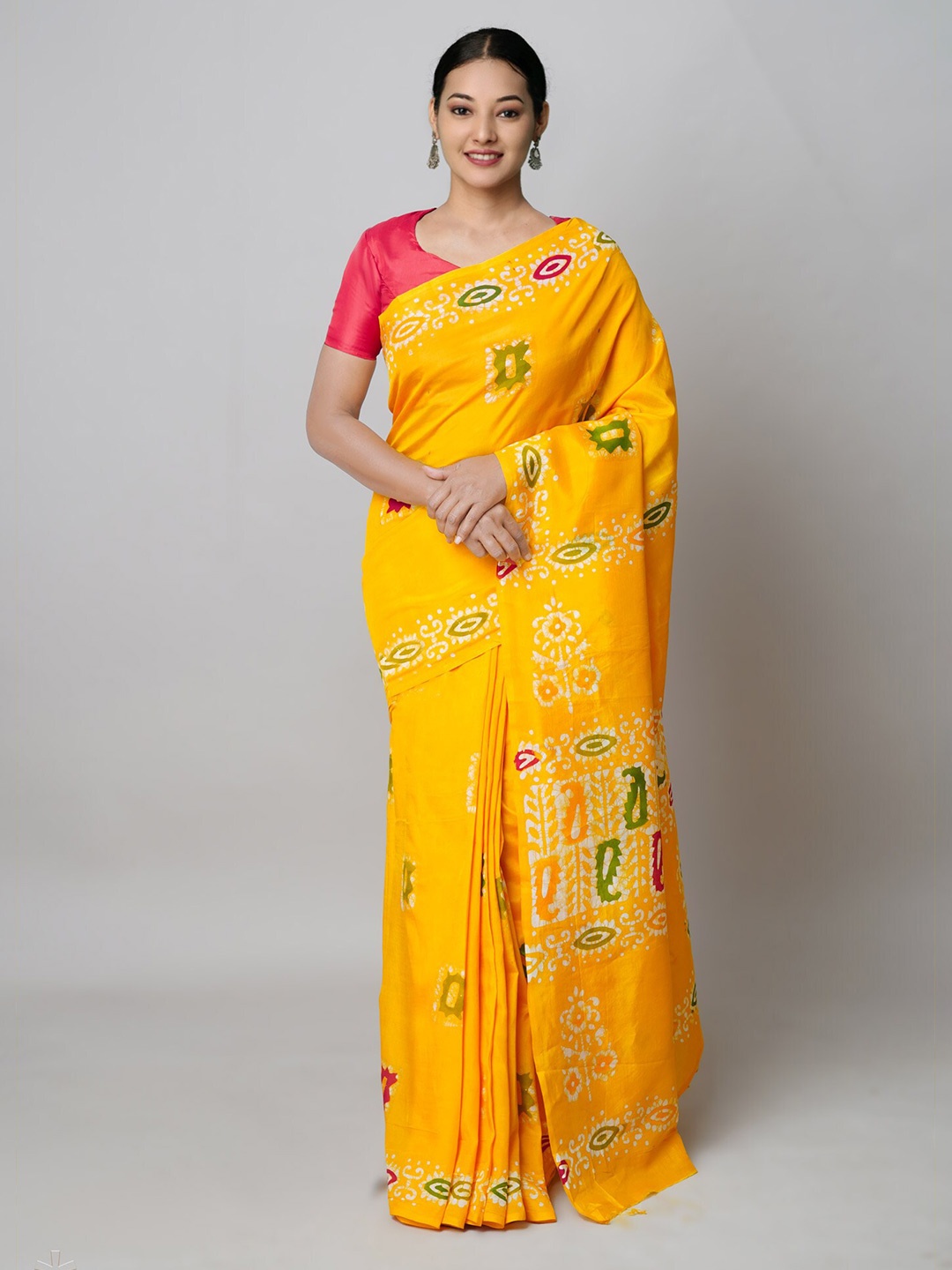 

Unnati Silks Batik Print Handloom Saree, Yellow