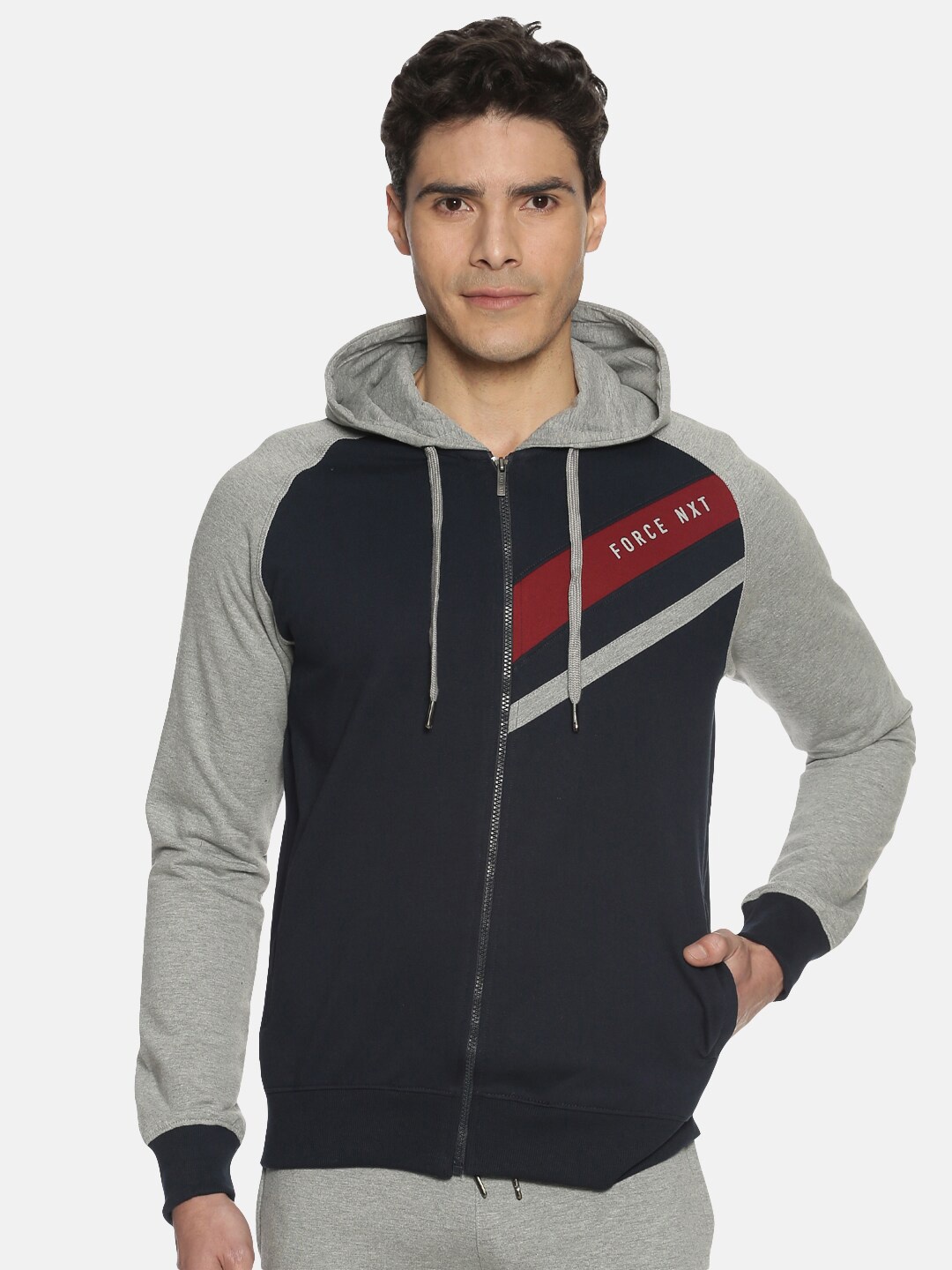 

Force NXT Printed Hooded Cotton Front-Open Sweatshirt, Blue