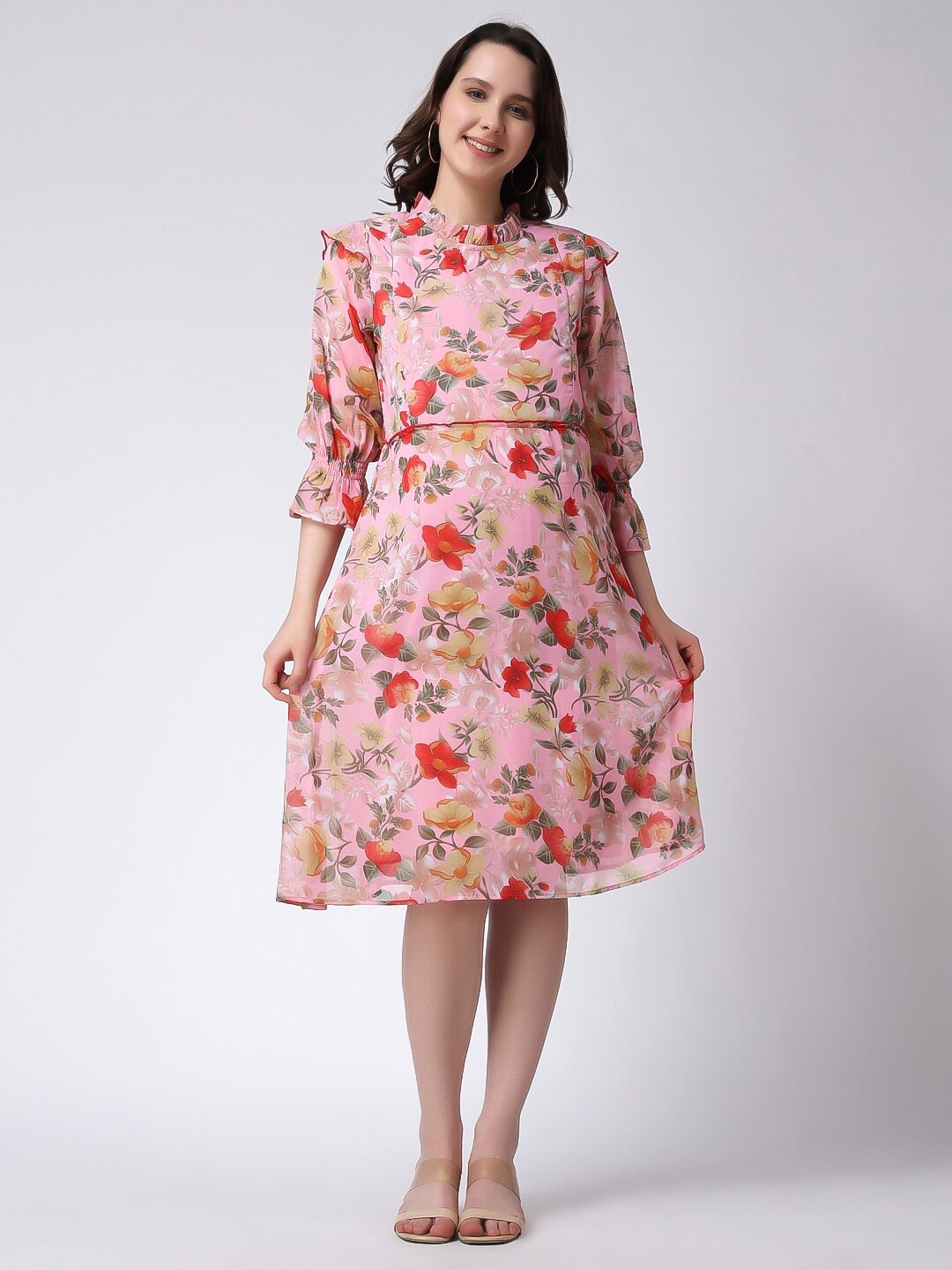 

Moms Maternity Floral Printed Cuffed Sleeves Maternity Fit & Flare Dress, Pink