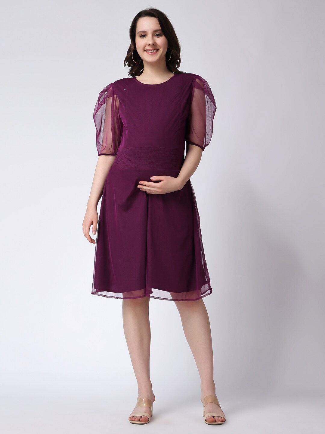 

Moms Maternity Puff Sleeve Maternity Fit & Flare Dress, Purple