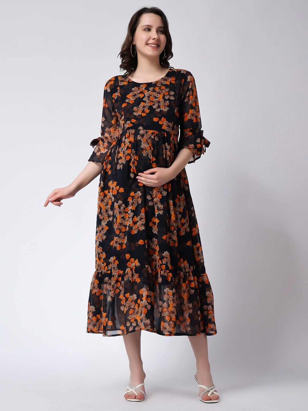 

Moms Maternity Floral Printed Cuffed Sleeves Maternity Fit & Flare Dress, Navy blue