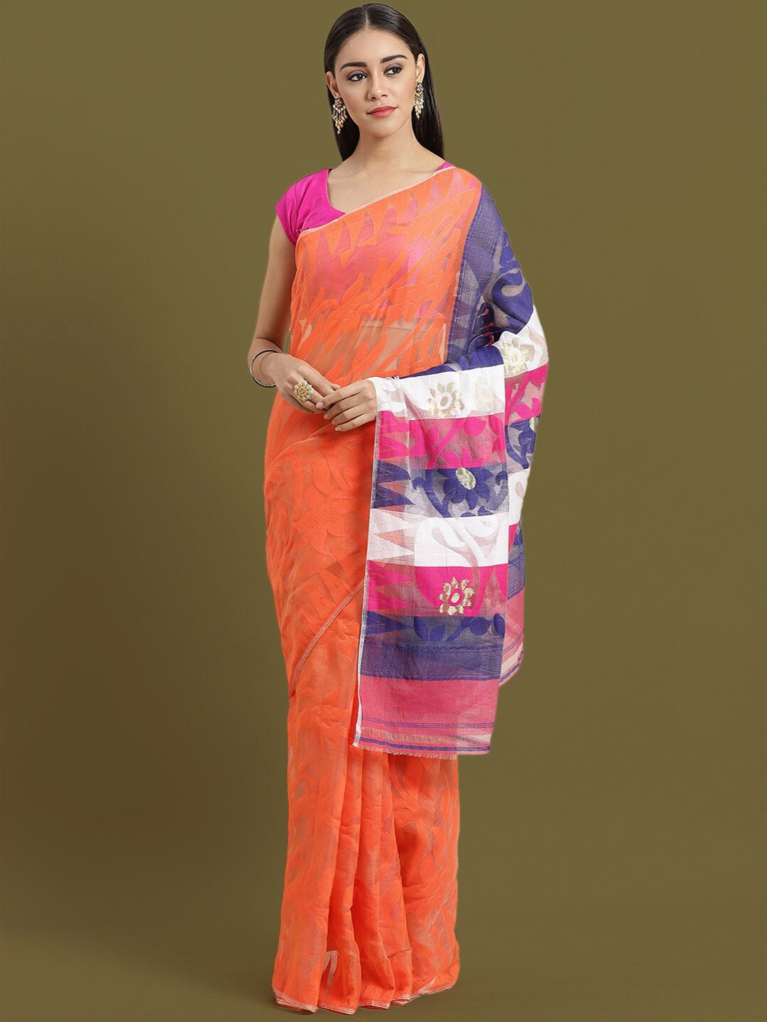 

HOUSE OF ARLI Paisley Woven Design Pure Cotton Jamdani Saree, Orange