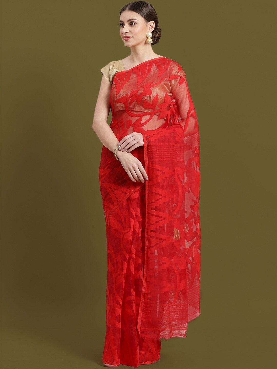 

HOUSE OF ARLI Paisley Pure Cotton Jamdani Saree, Red