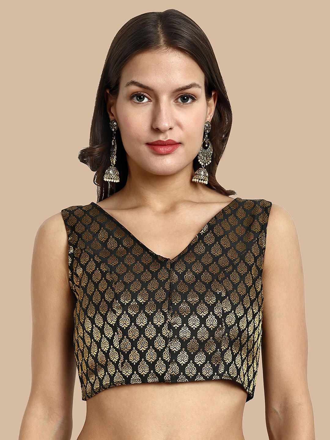 

Vardha Ethnic Motifs Woven Design Saree Blouse, Black