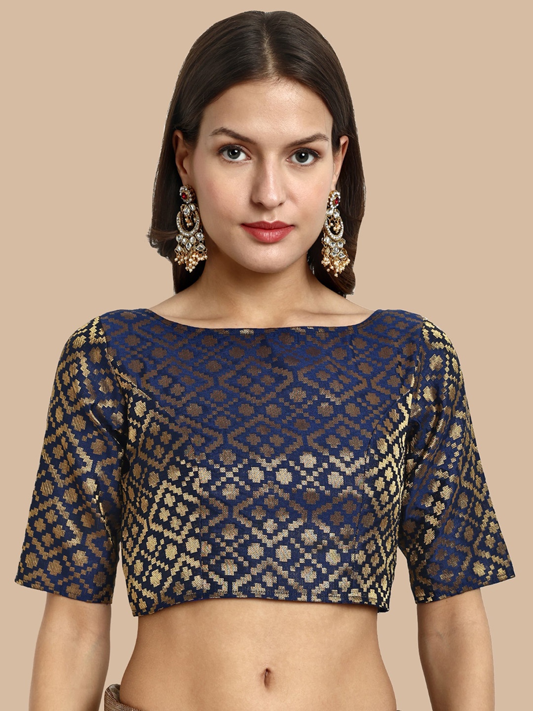

Vardha Ethnic Motifs Woven Design Saree Blouse, Navy blue