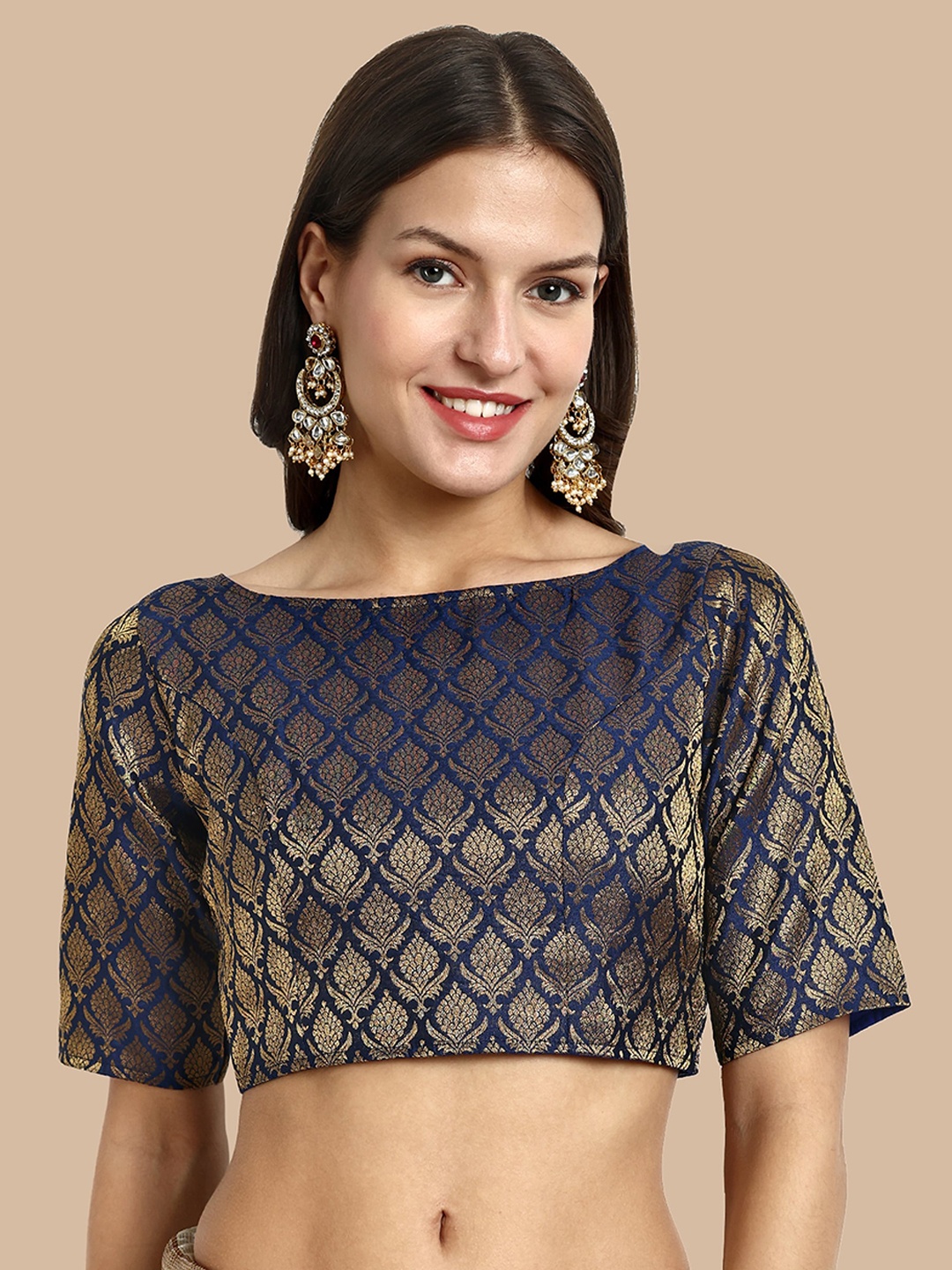 

Vardha Ethnic Motifs Woven Design Saree Blouse, Navy blue