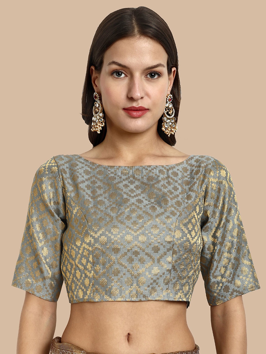 

Vardha Woven Design Boat Neck Brocade Saree Blouse, Grey
