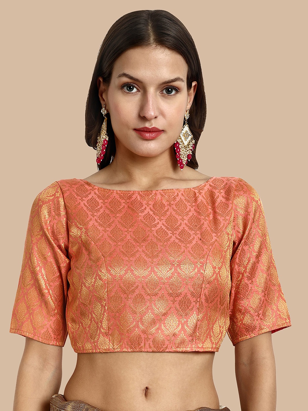 

Vardha Woven Design Boat Neck Brocade Saree Blouse, Peach